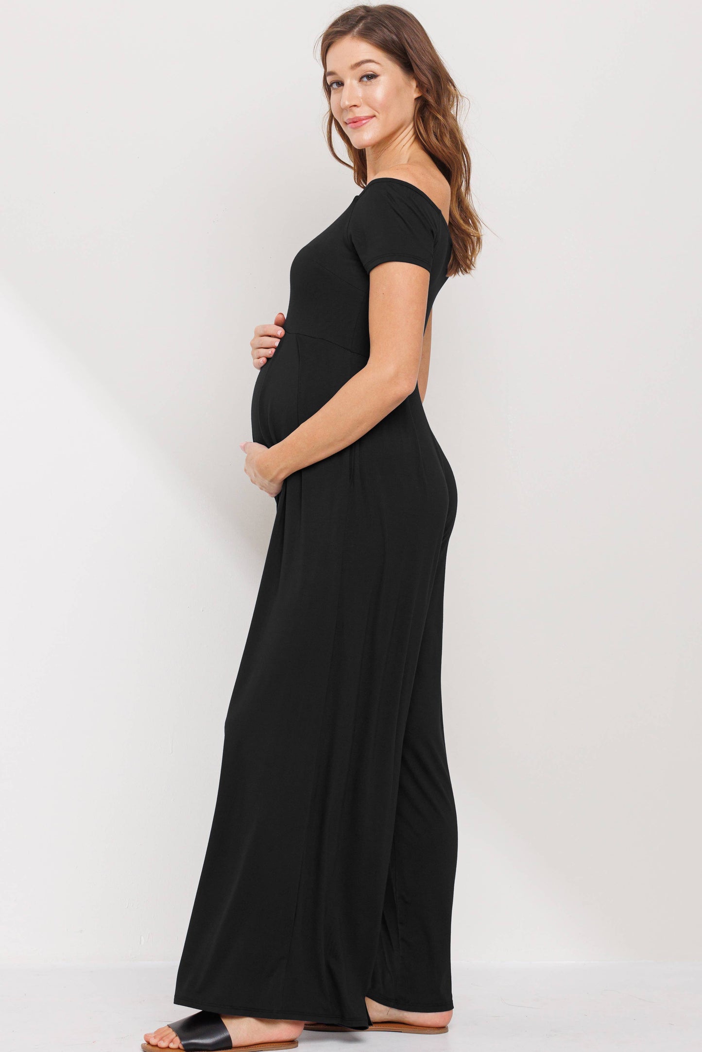 Off The Shoulder Wide Leg Maternity Jumpsuit