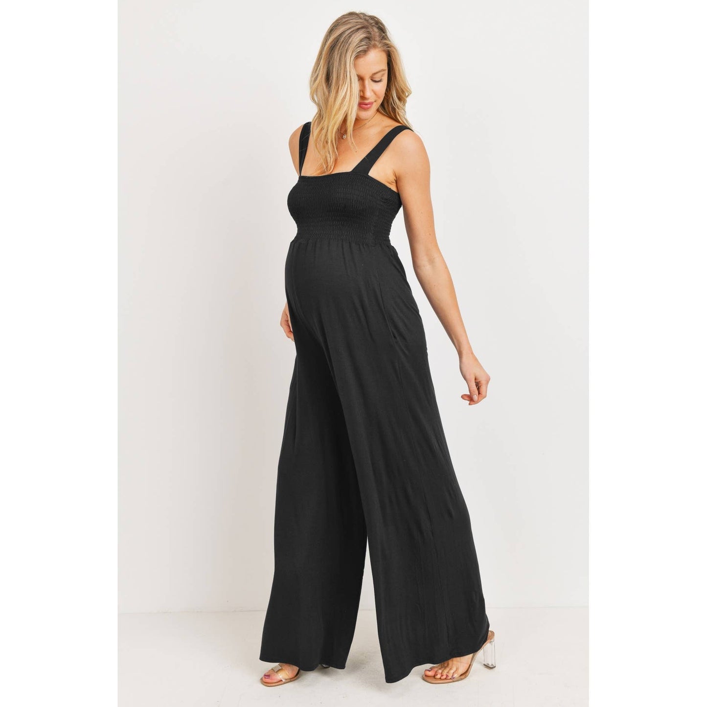Sleeveless Smocked Maternity Wideleg Jumpsuit