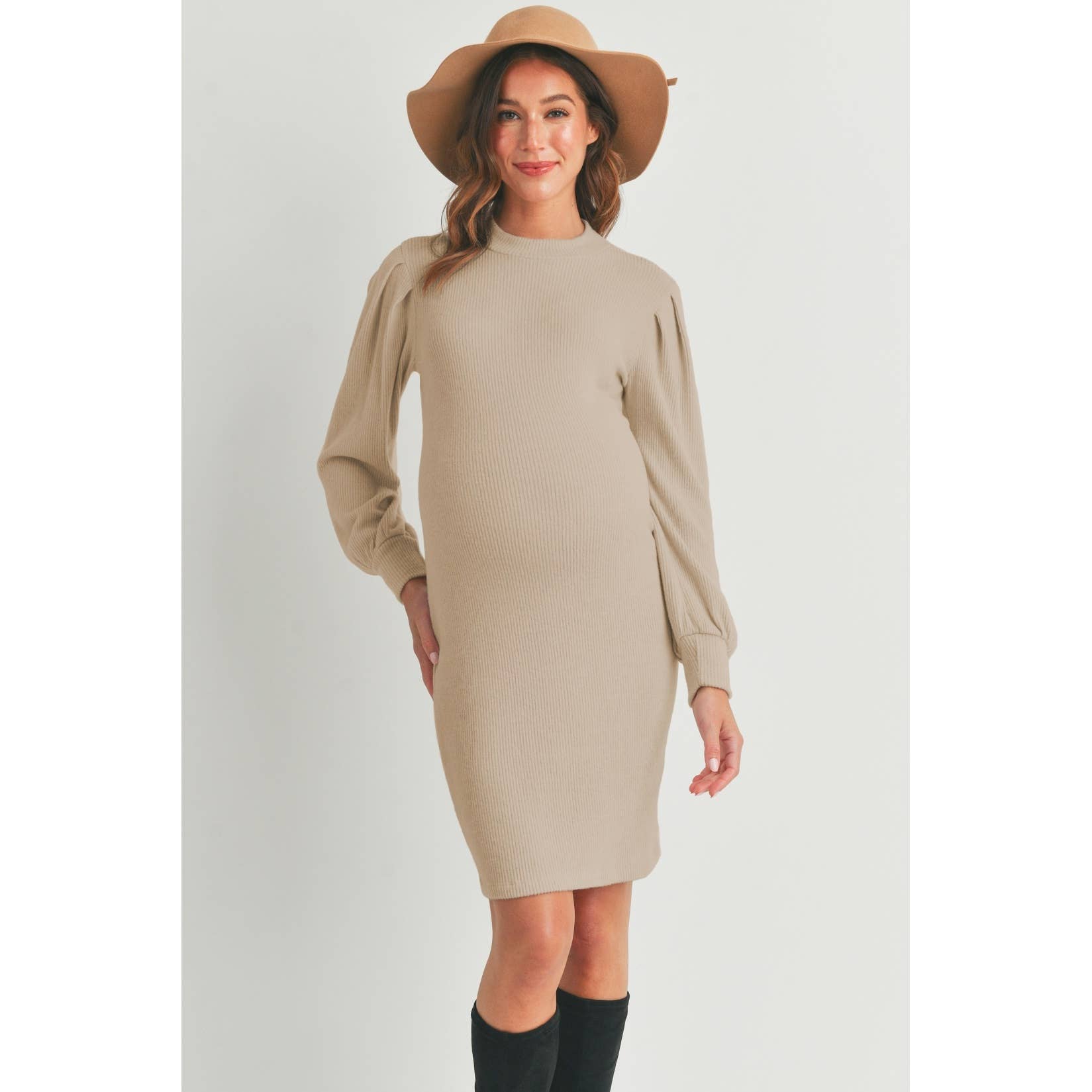 Puff Sleeve Ribbed Maternity Dress SAND / SMALL Puff Sleeve Ribbed Maternity Dress SAND / SMALL