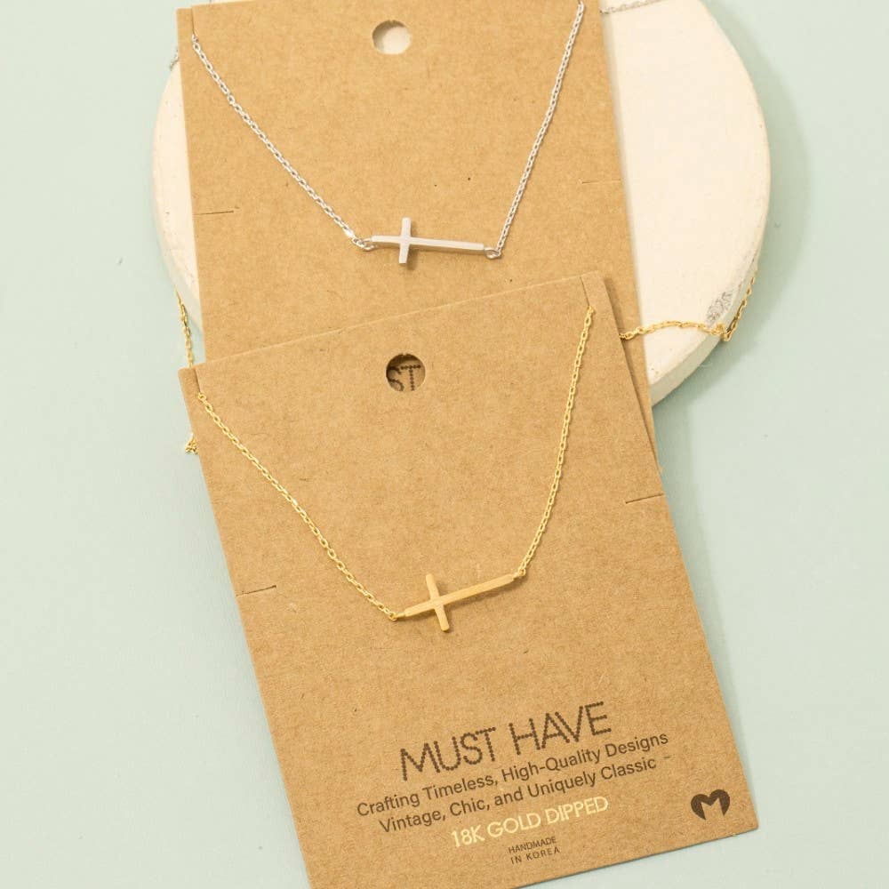 Gold Dipped Side Cross Pendant Necklace