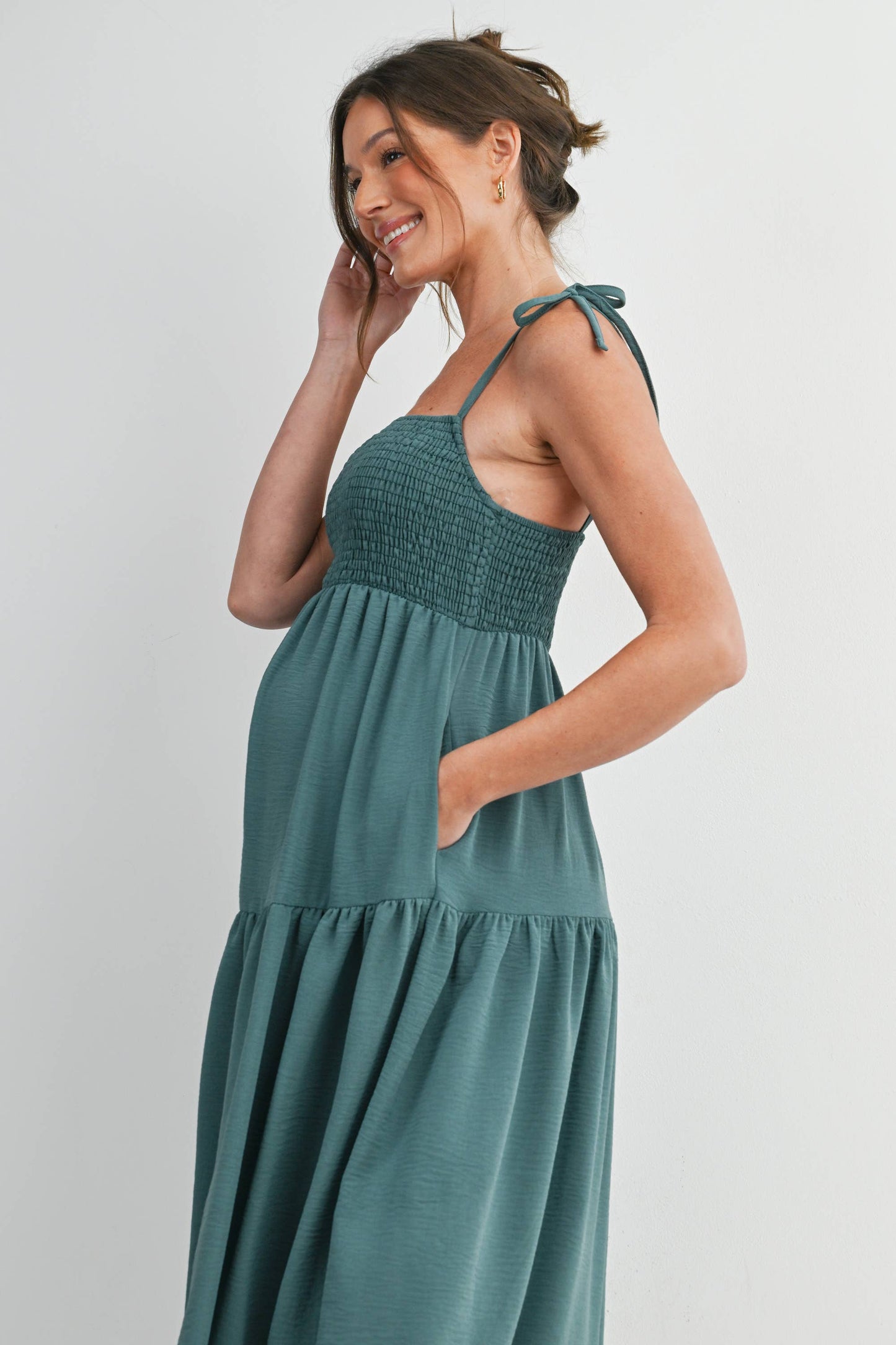 Smocked Tie Strap Maternity Midi Dress with Pockets