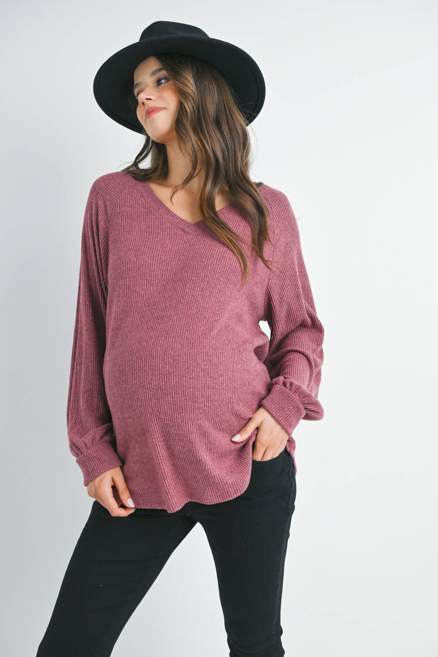 Ribbed V-Neck Long Sleeve Maternity Top