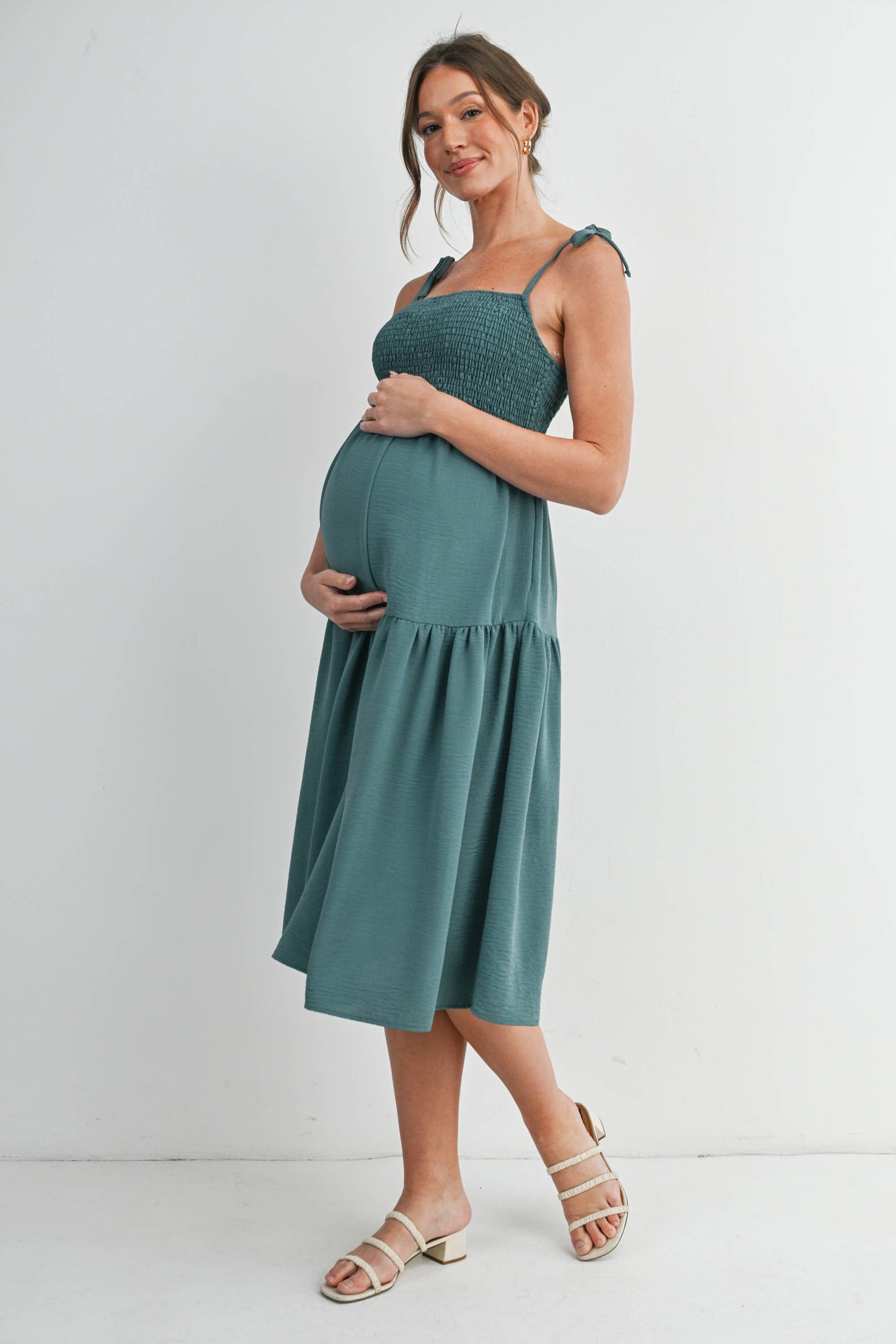Smocked Tie Strap Maternity Midi Dress with Pockets