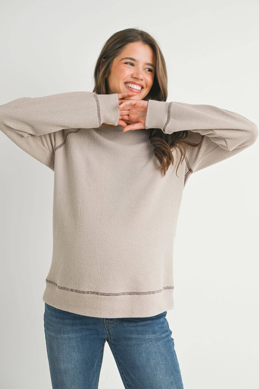 Taupe Crewneck Waffle Knit Maternity Pullover Top