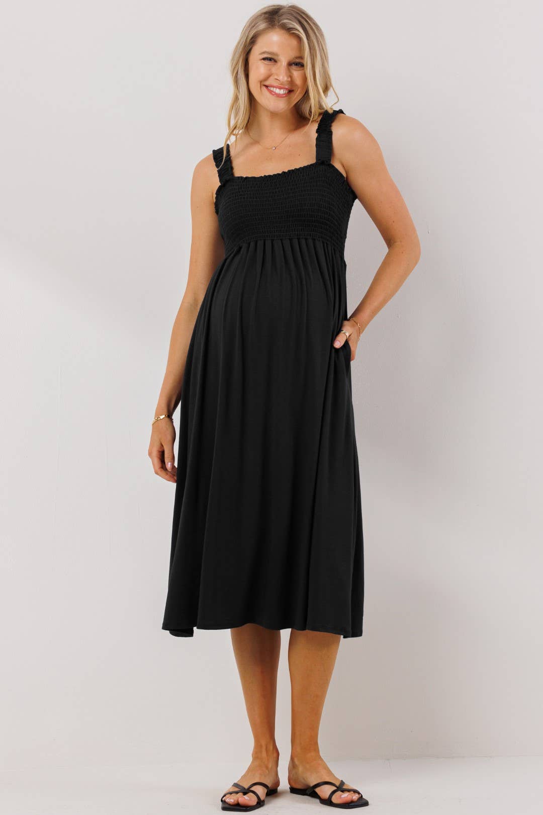 Smocked Sleeveless Maternity Midi Dress