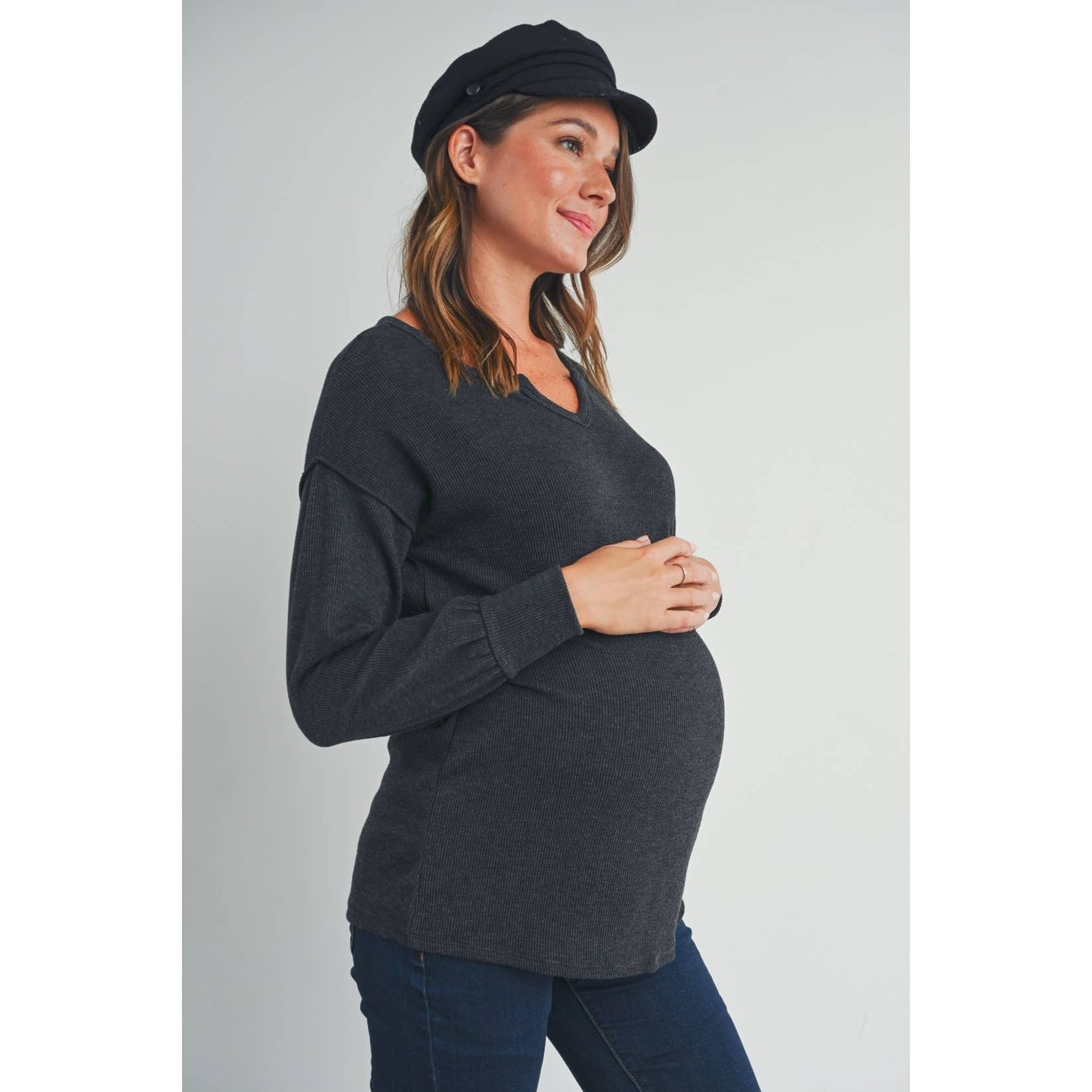 Split Neck Long Sleeve Maternity Knit Top