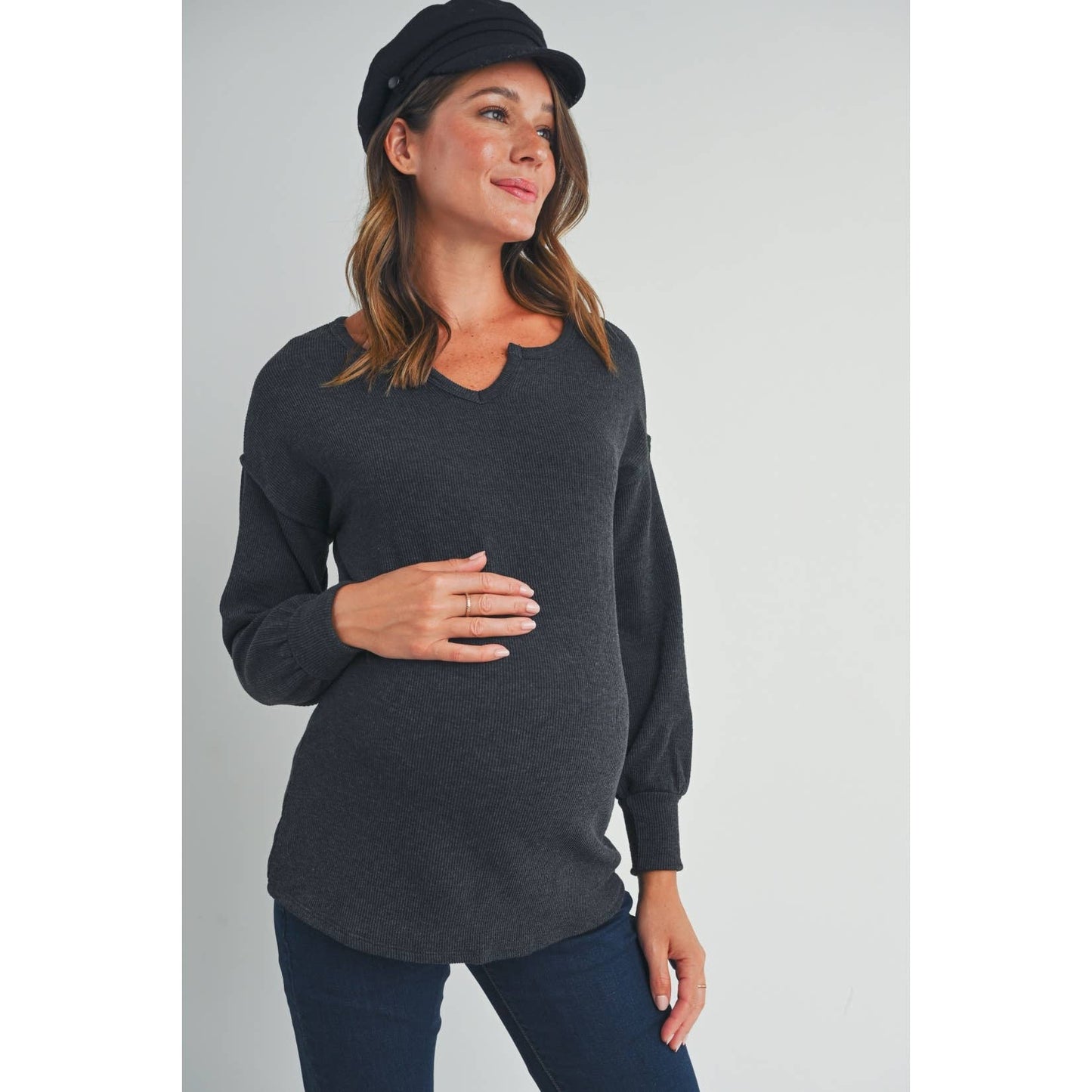 Split Neck Long Sleeve Maternity Knit Top