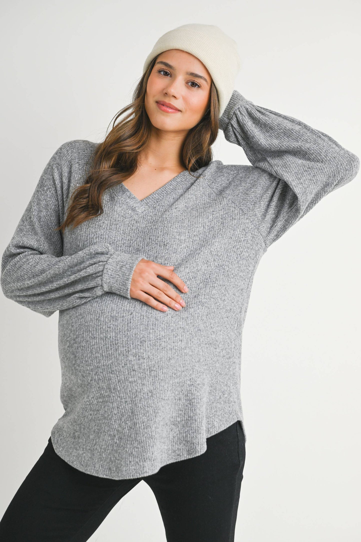 Ribbed V-Neck Long Sleeve Maternity Top
