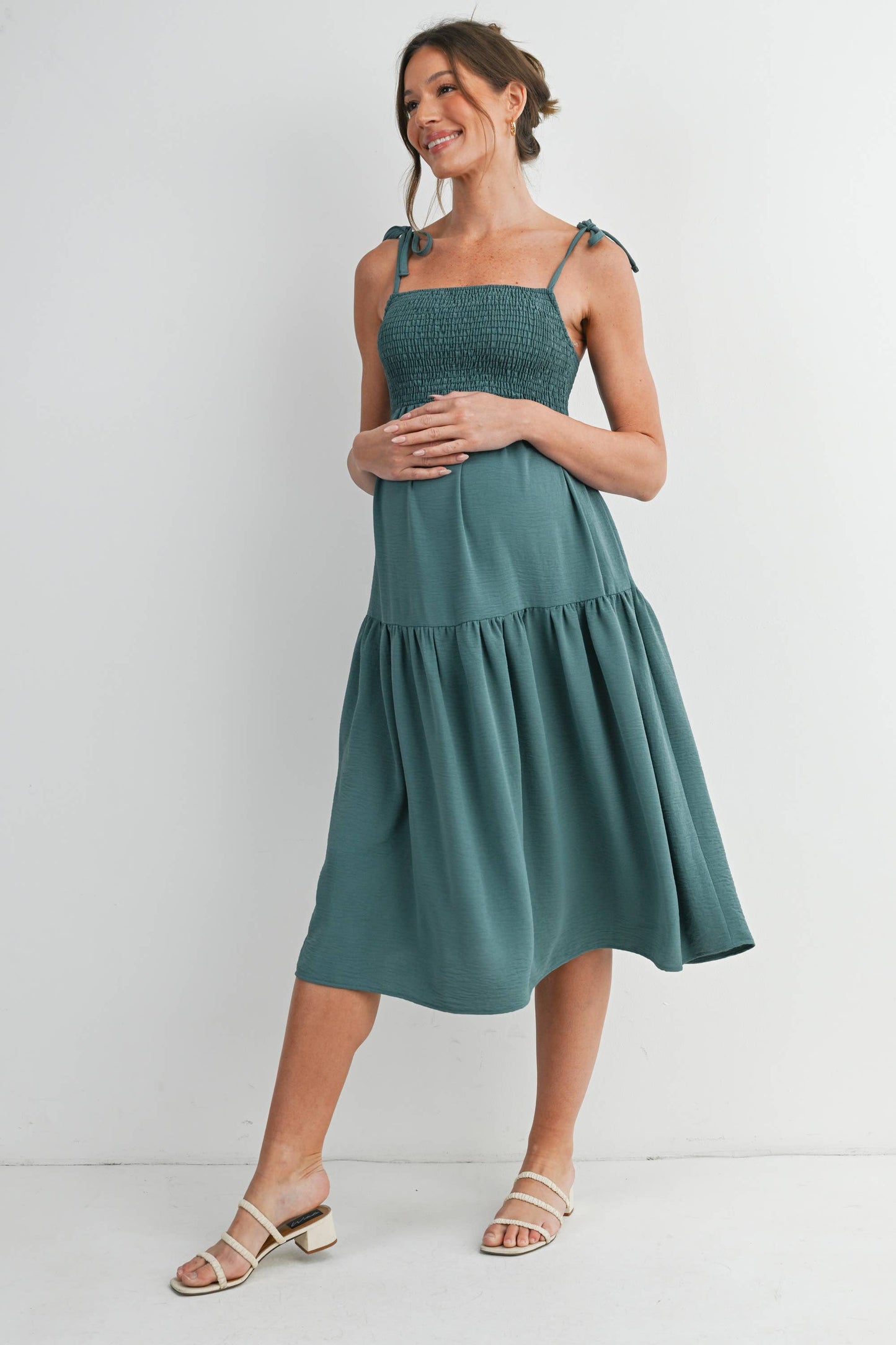 Smocked Tie Strap Maternity Midi Dress with Pockets