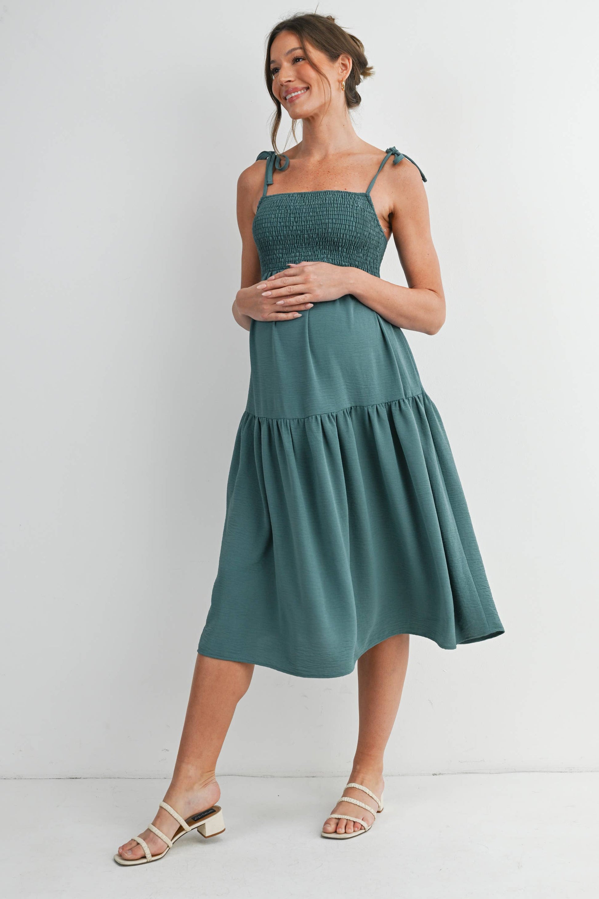 Hello Miz Smocked Square Neck Maternity Midi Sundress with Tie Straps and Pockets - Green