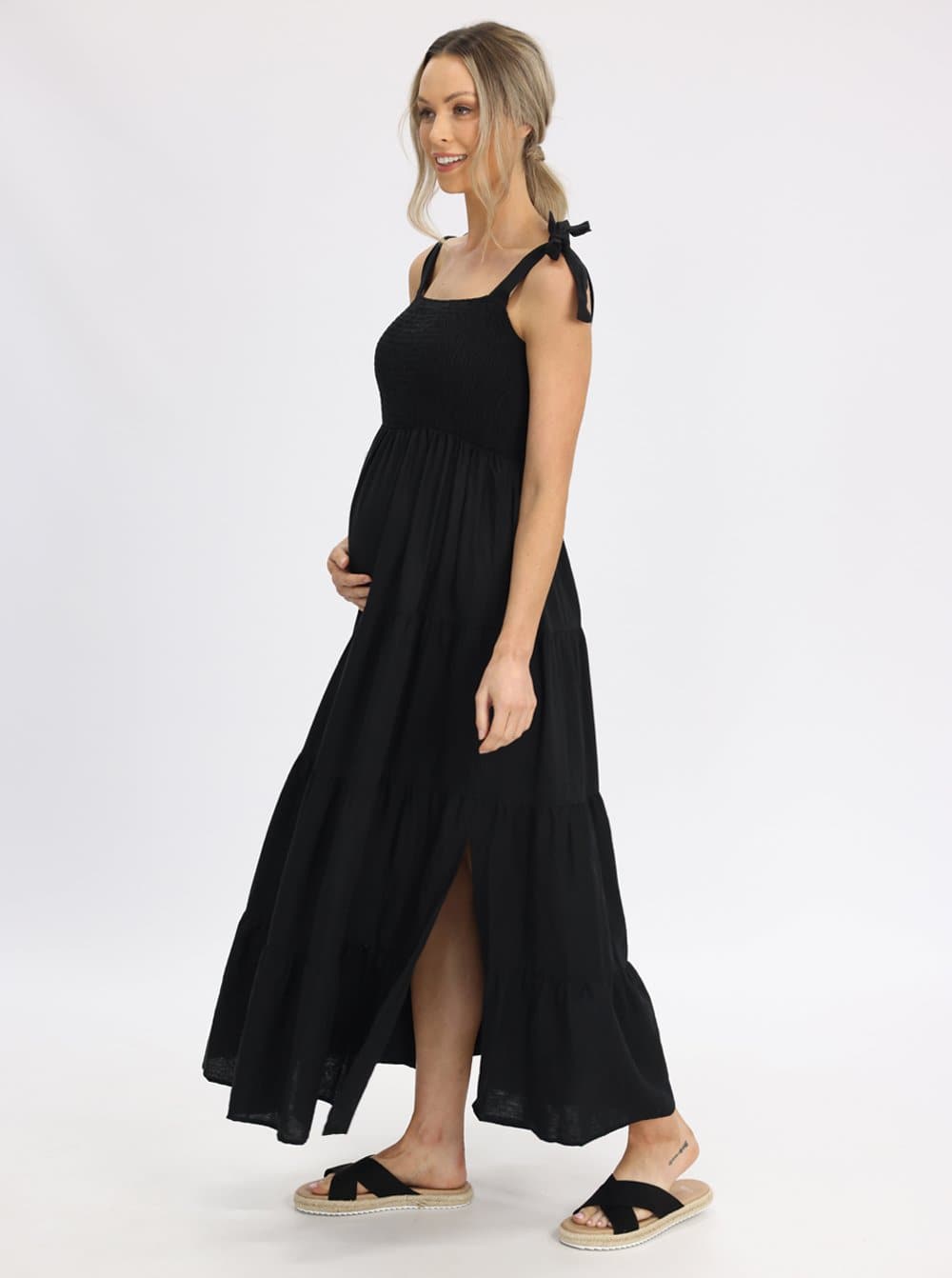 Lilliana Black Linen Maternity Maxi Dress - Shoulder Tie