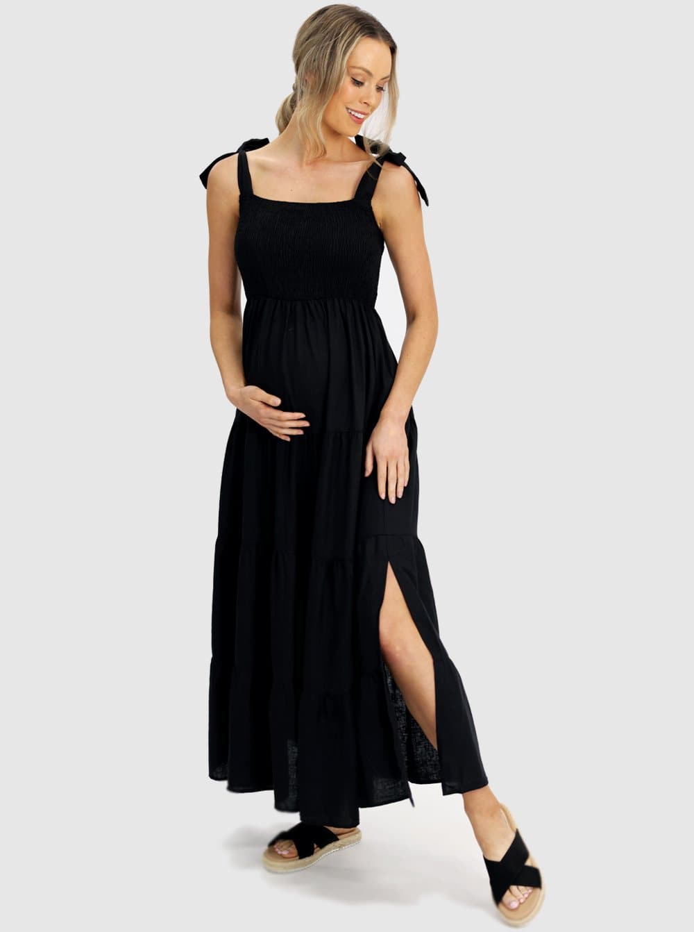 Lilliana Black Linen Maternity Maxi Dress - Shoulder Tie