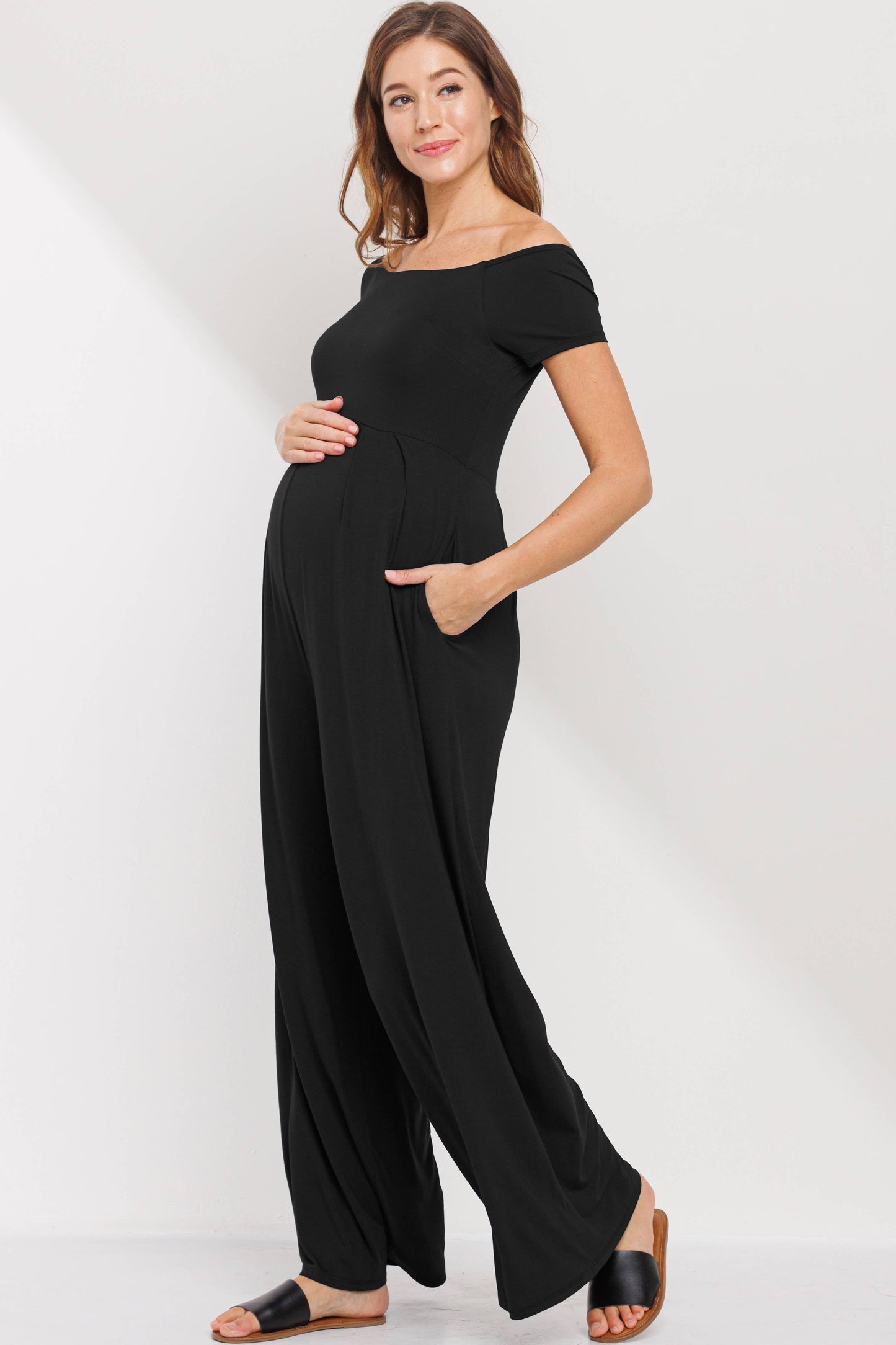 Off The Shoulder Wide Leg Maternity Jumpsuit