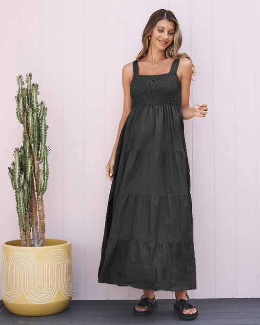 Lilliana Black Linen Maternity Maxi Dress - Shoulder Tie