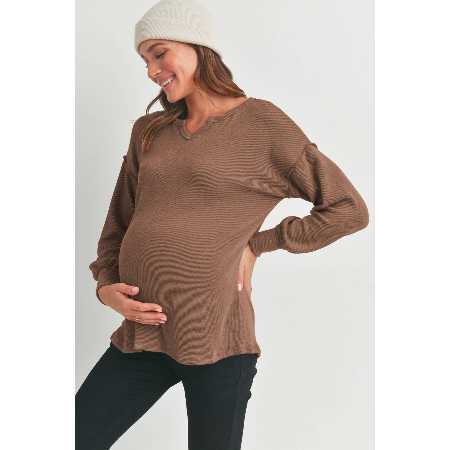 Split Neck Long Sleeve Maternity Knit Top
