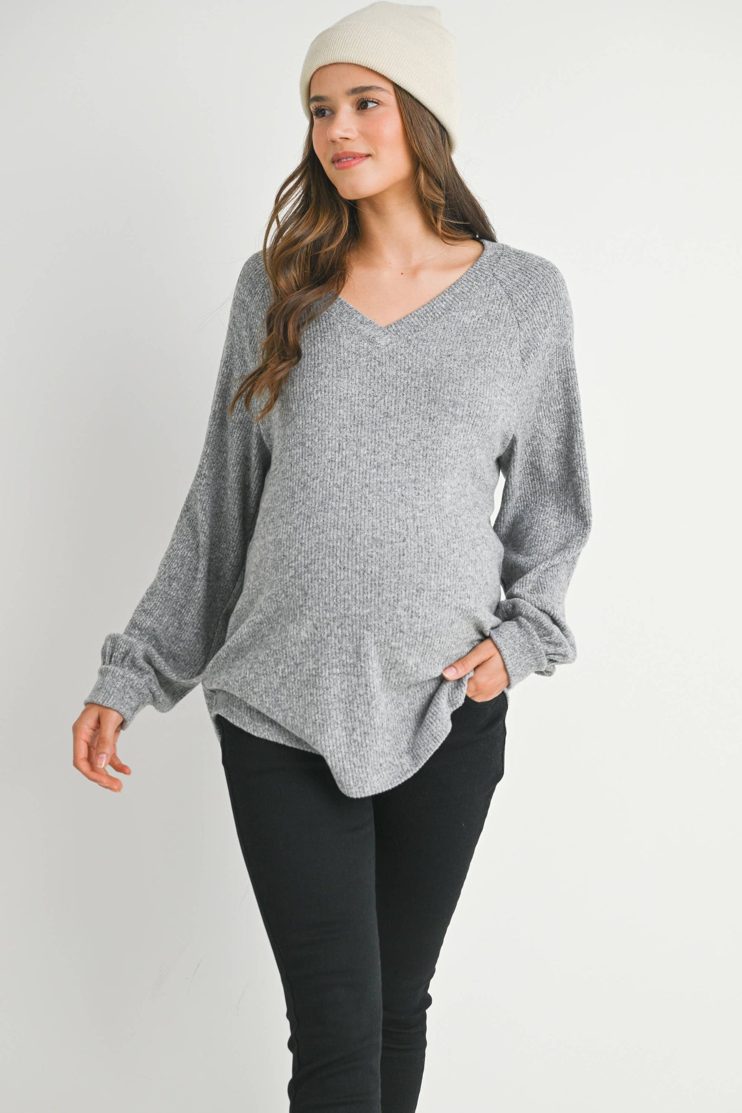 Ribbed V-Neck Long Sleeve Maternity Top