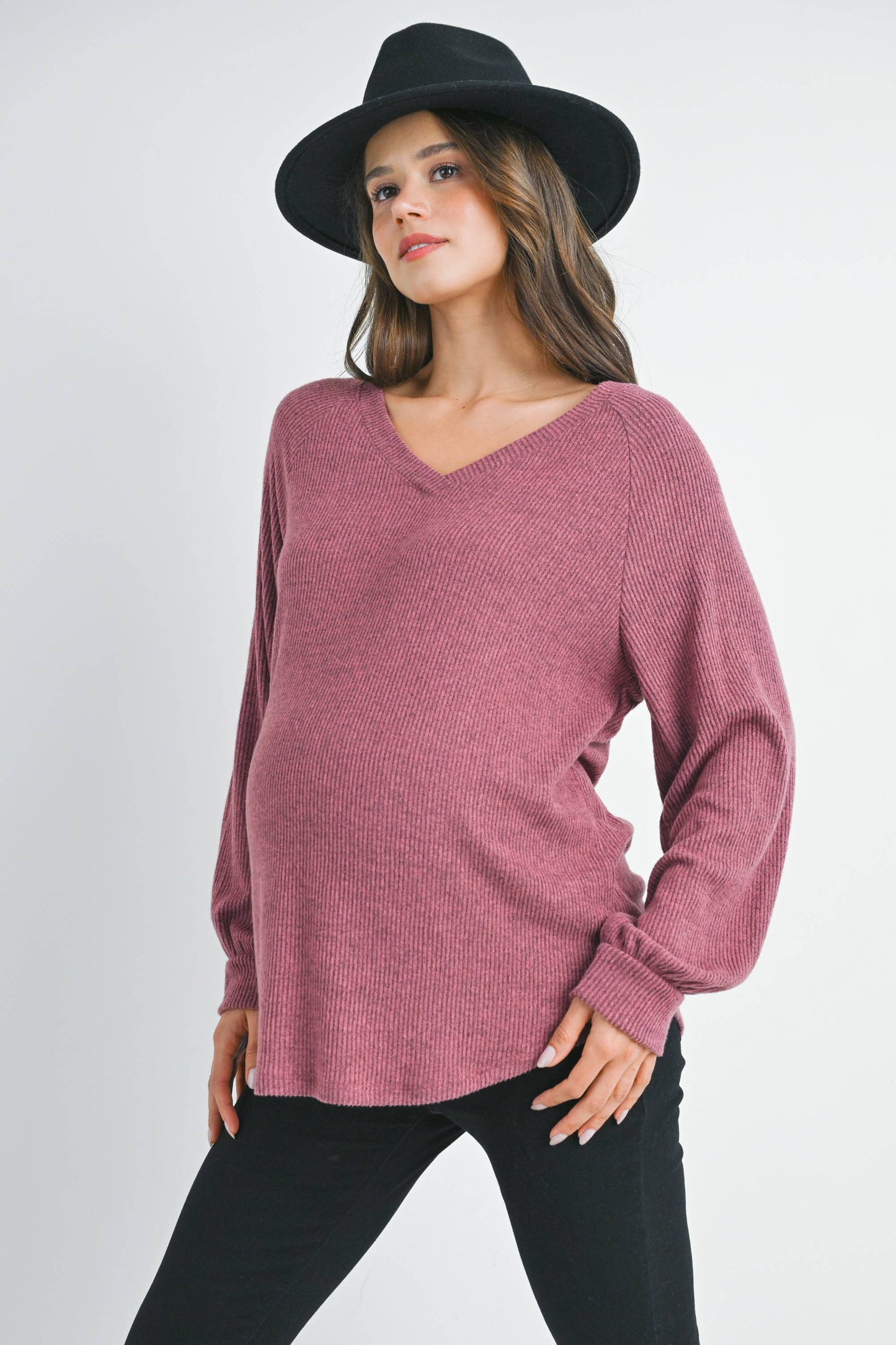 Ribbed V-Neck Long Sleeve Maternity Top