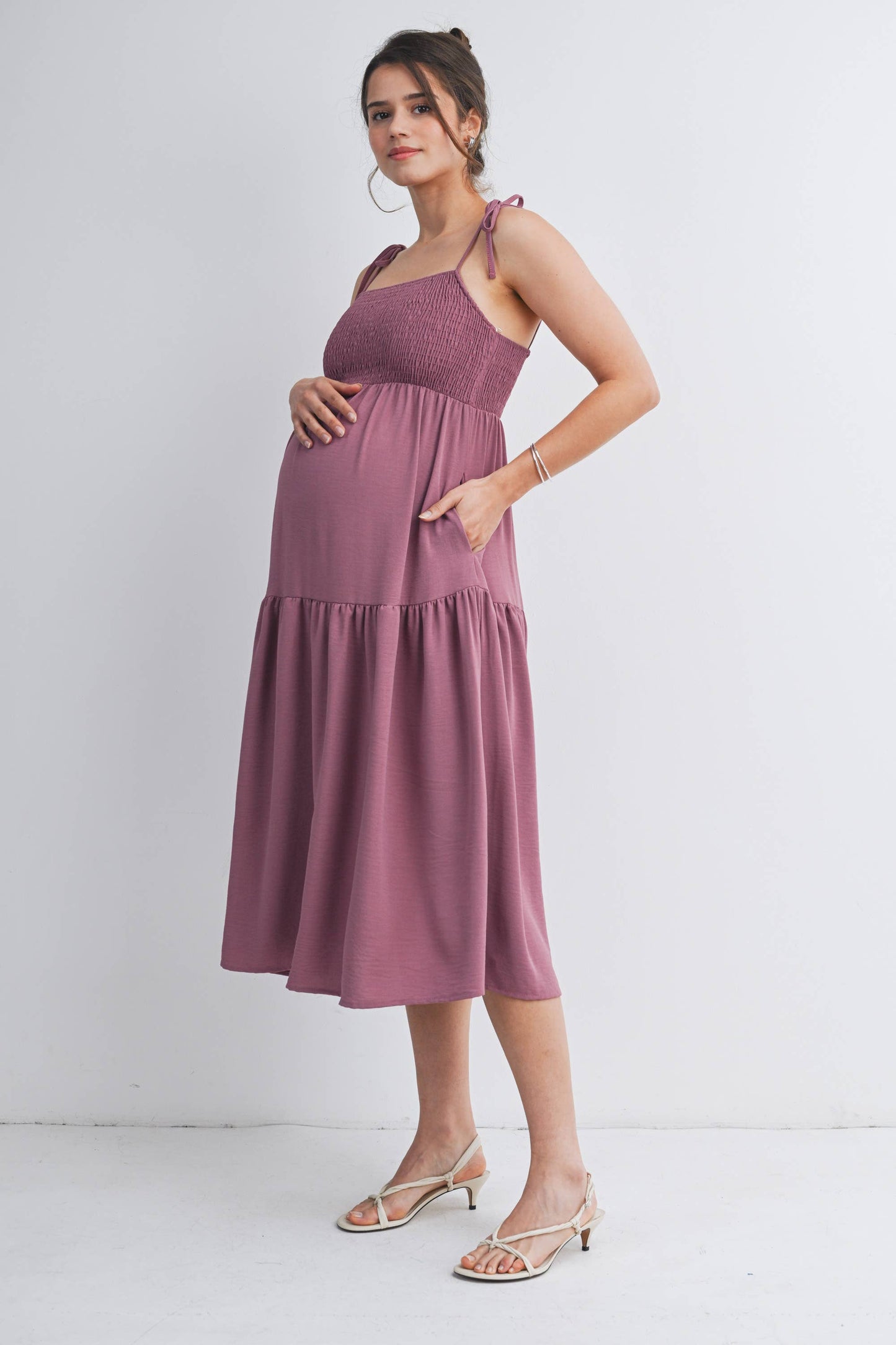 Smocked Tie Strap Maternity Midi Dress with Pockets