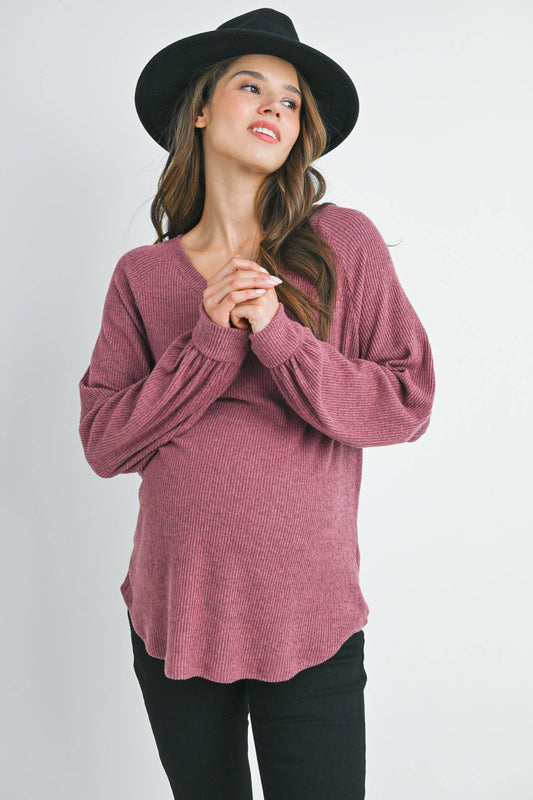 Ribbed V-Neck Long Sleeve Maternity Top