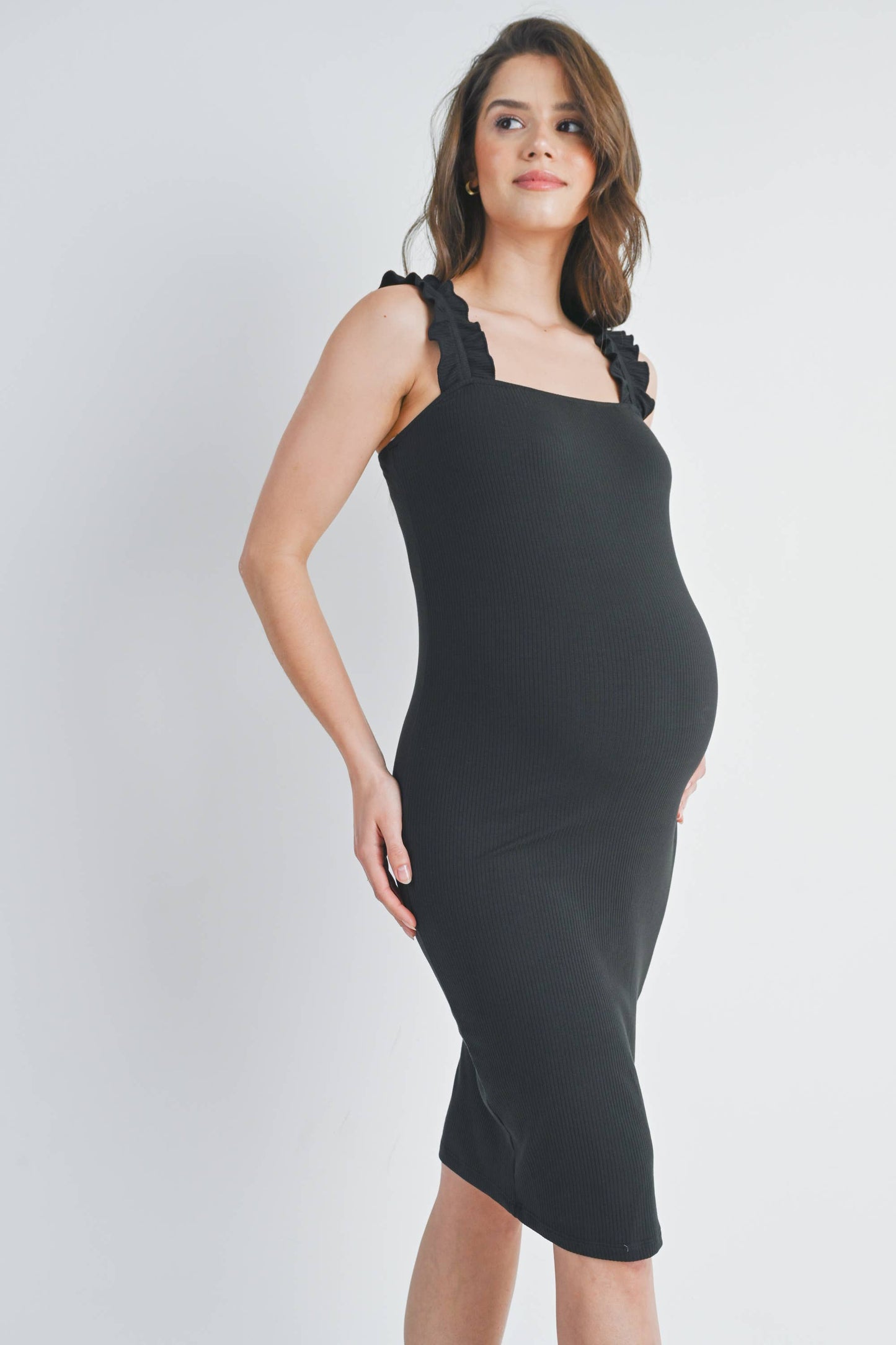 Ribbed Ruffle-Strap Maternity Dress