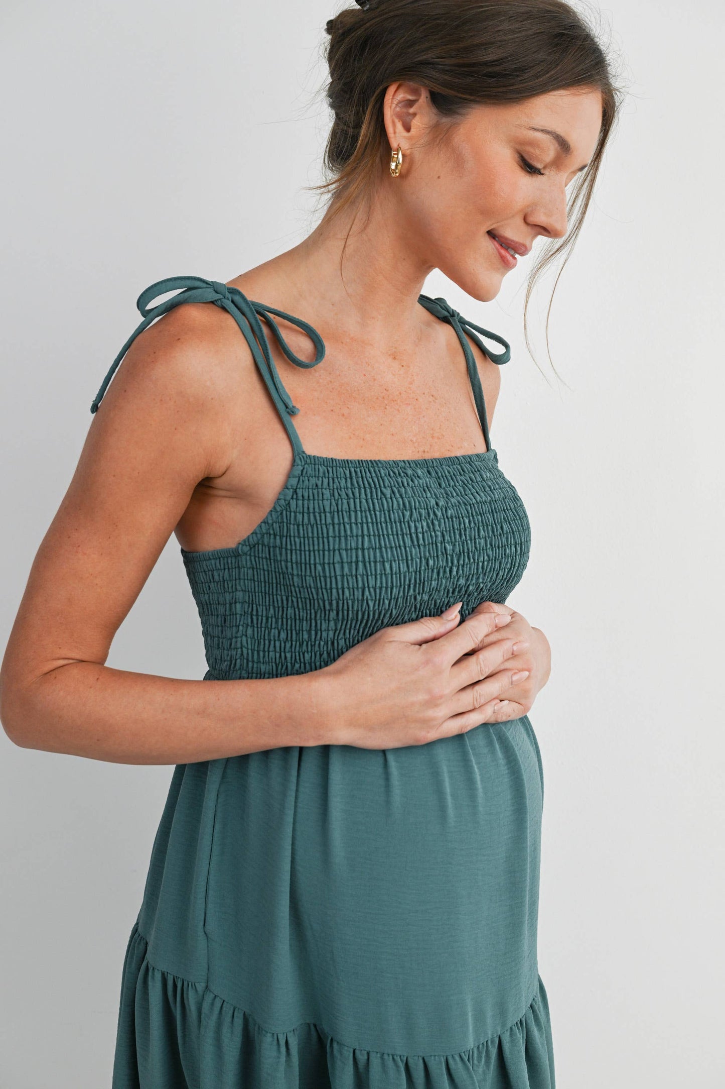 Smocked Tie Strap Maternity Midi Dress with Pockets