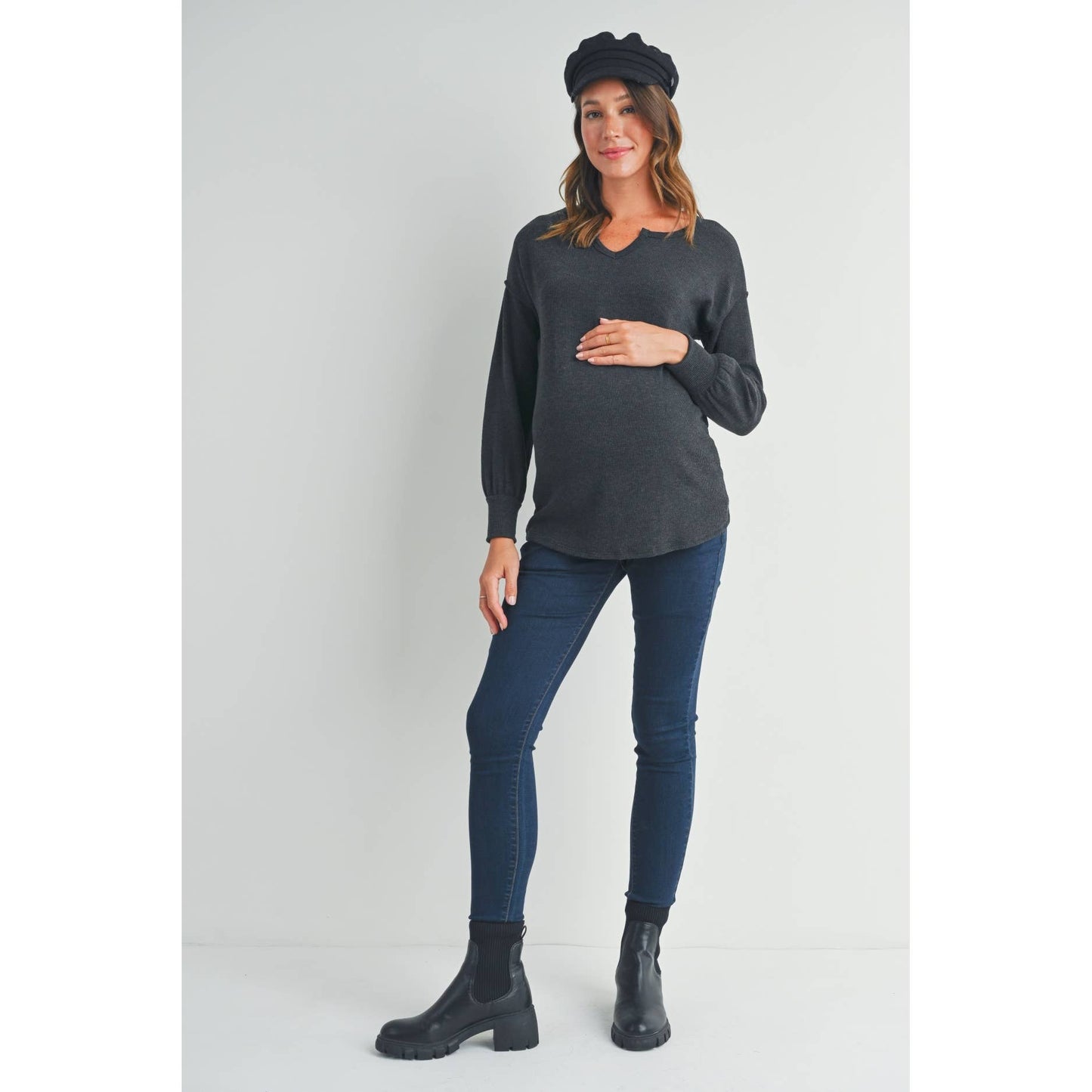 Split Neck Long Sleeve Maternity Knit Top