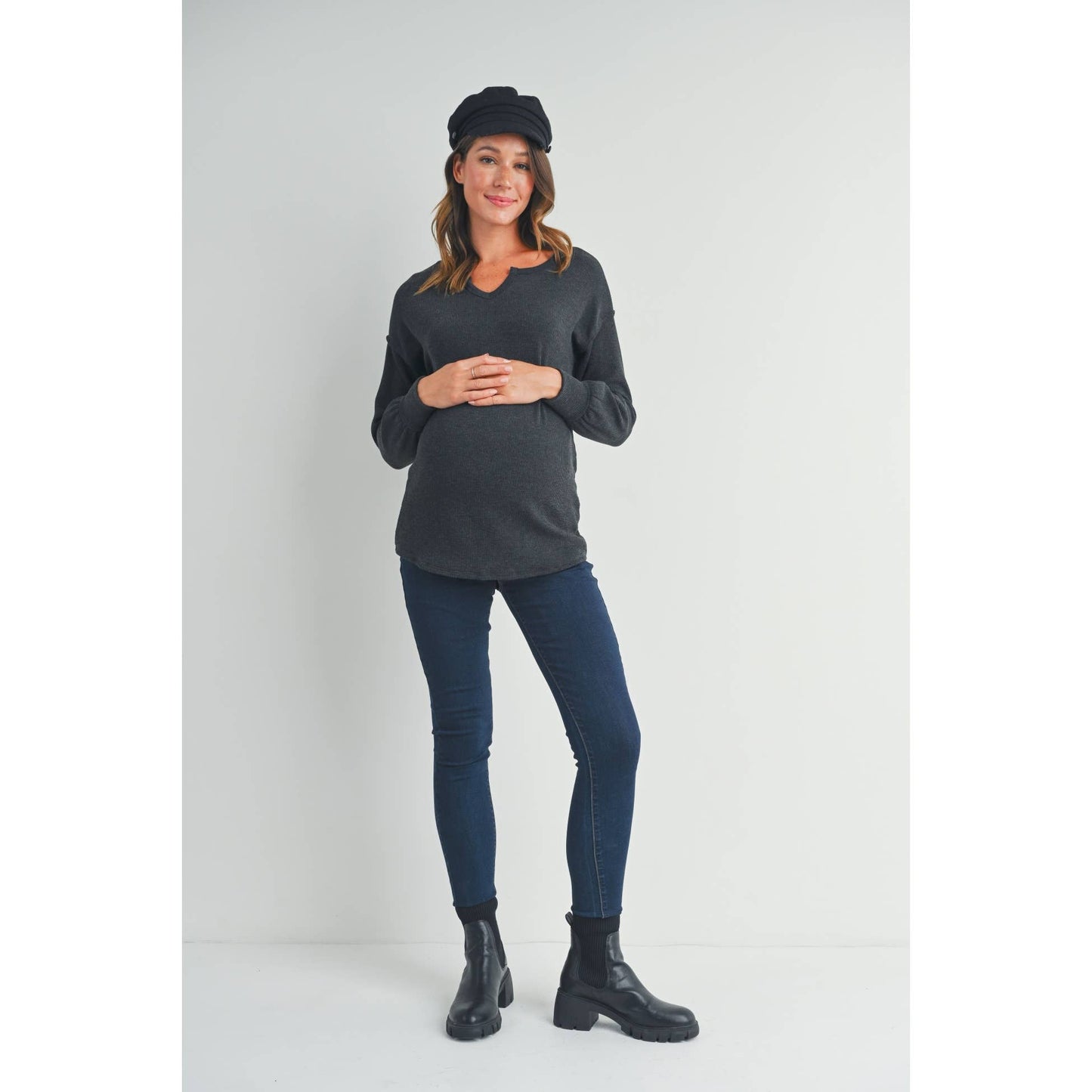 Split Neck Long Sleeve Maternity Knit Top