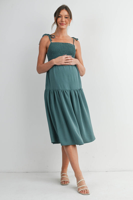 Smocked Tie Strap Maternity Midi Dress with Pockets
