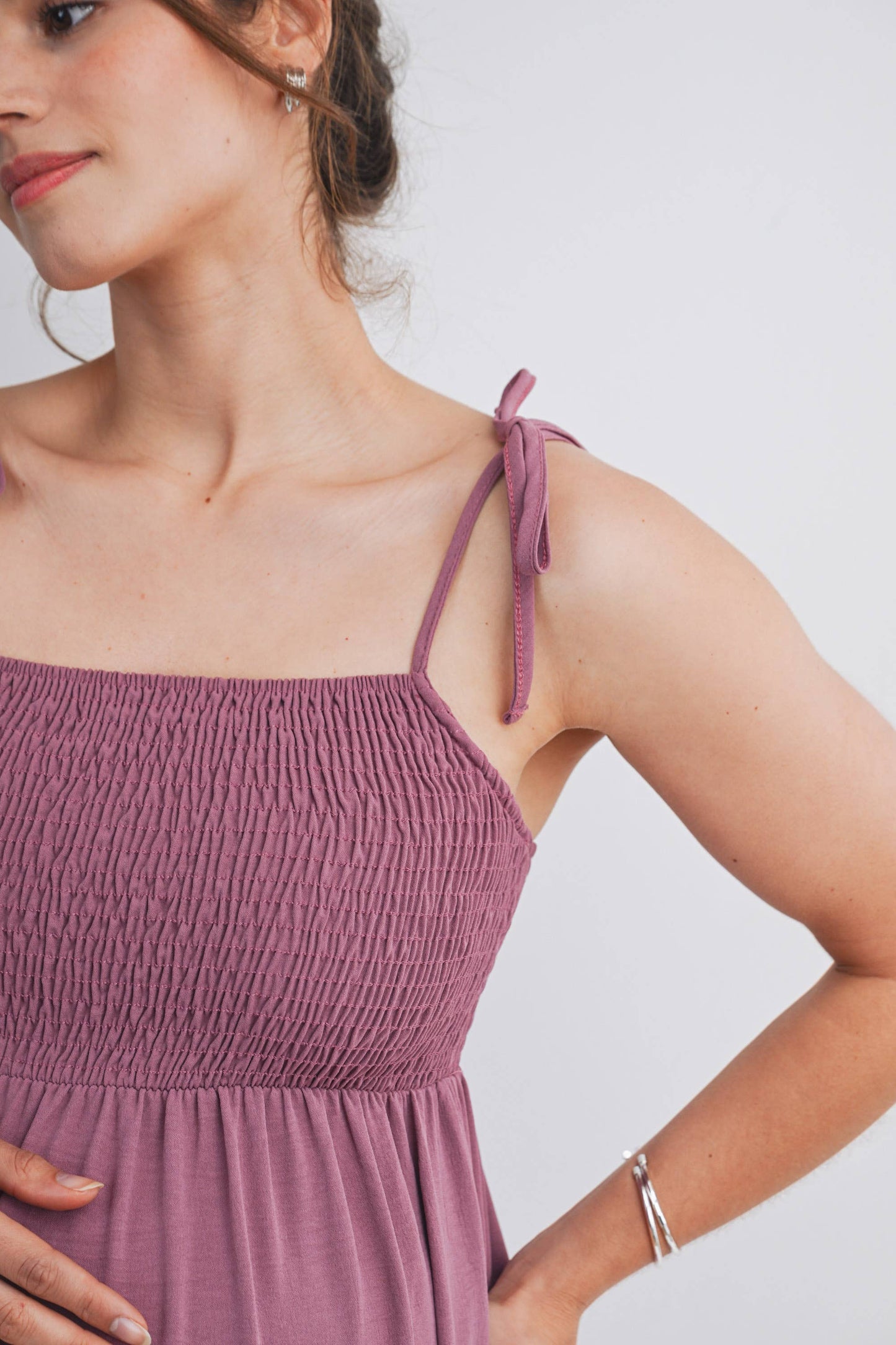 Smocked Tie Strap Maternity Midi Dress with Pockets