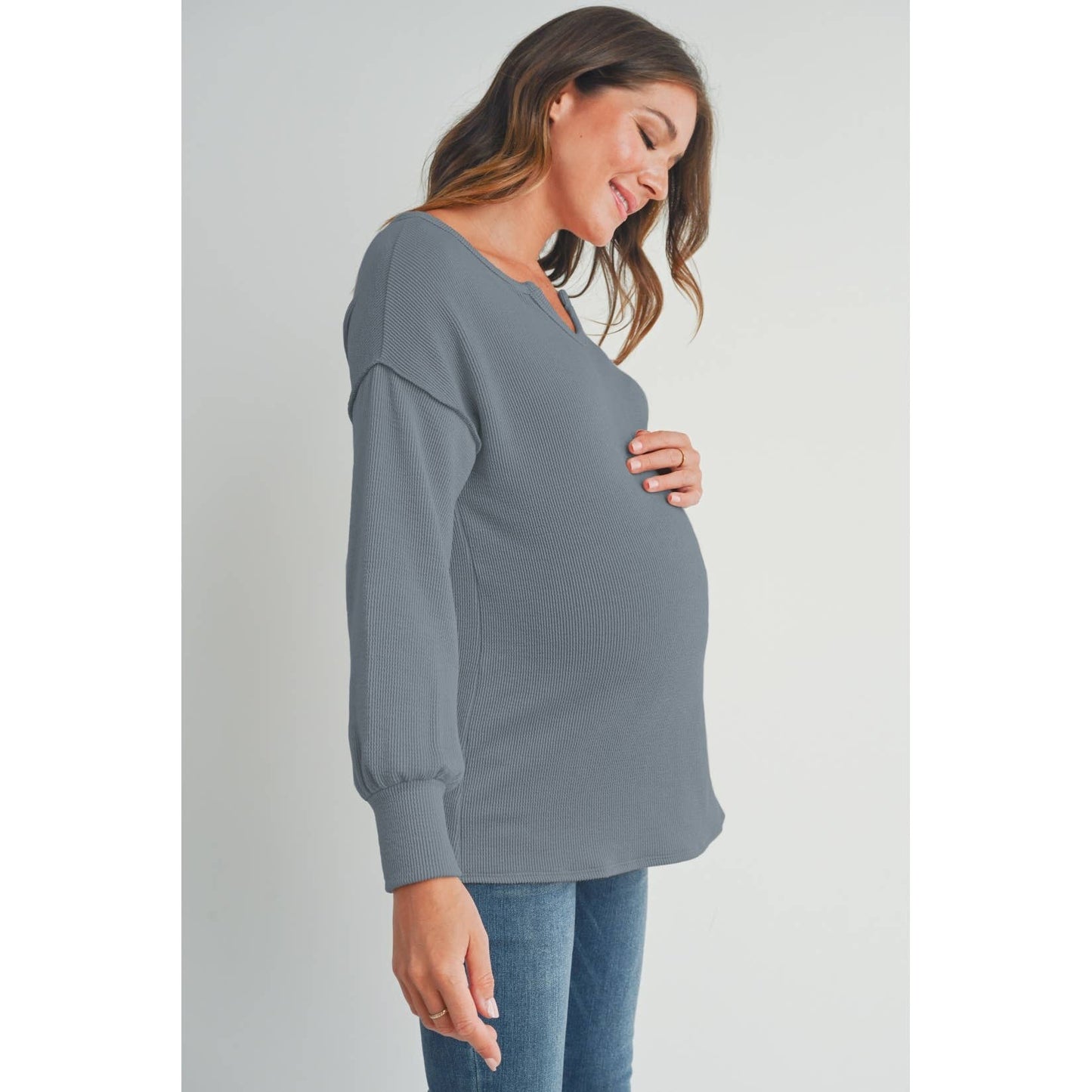 Split Neck Long Sleeve Maternity Knit Top