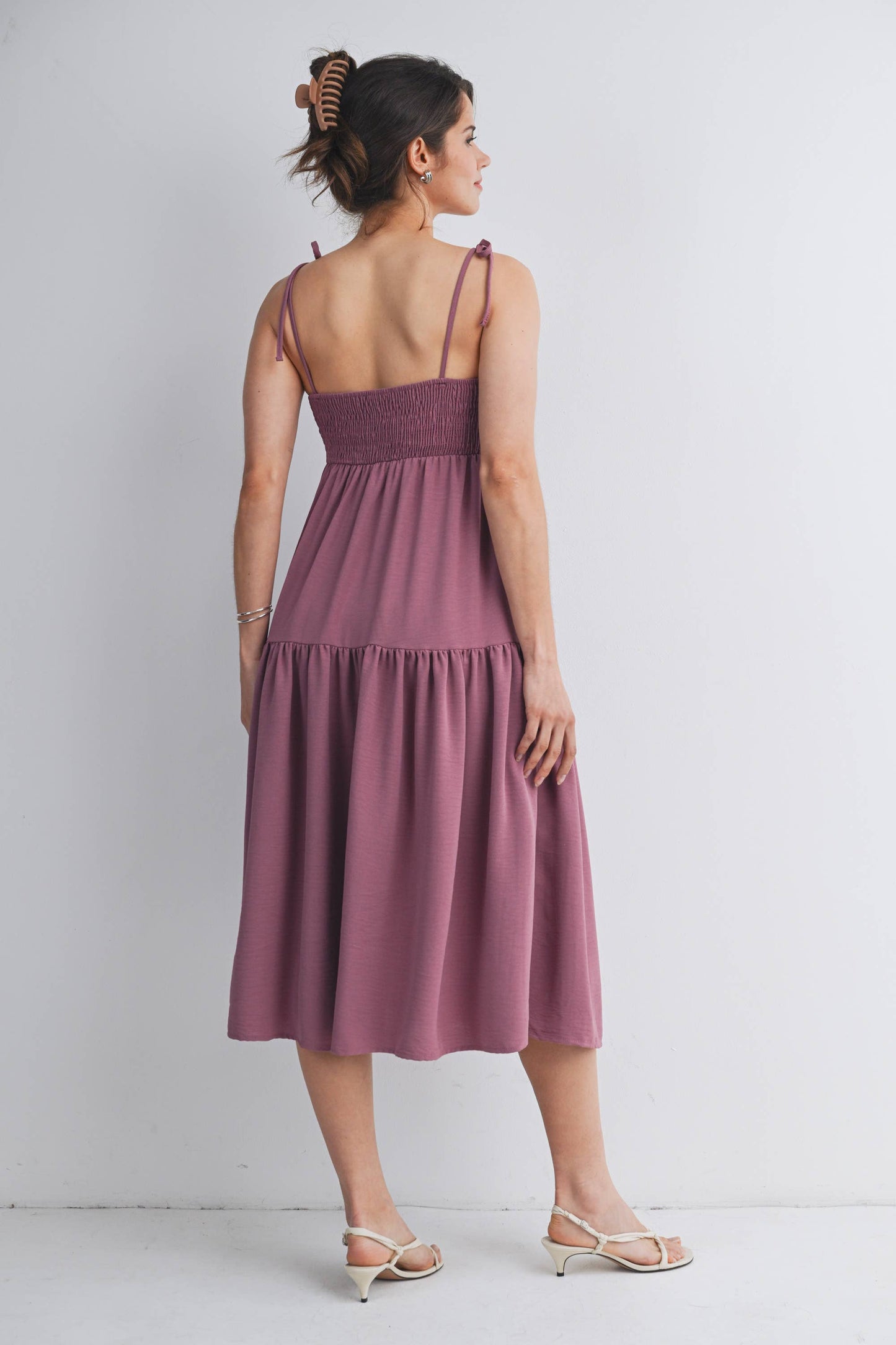 Smocked Tie Strap Maternity Midi Dress with Pockets