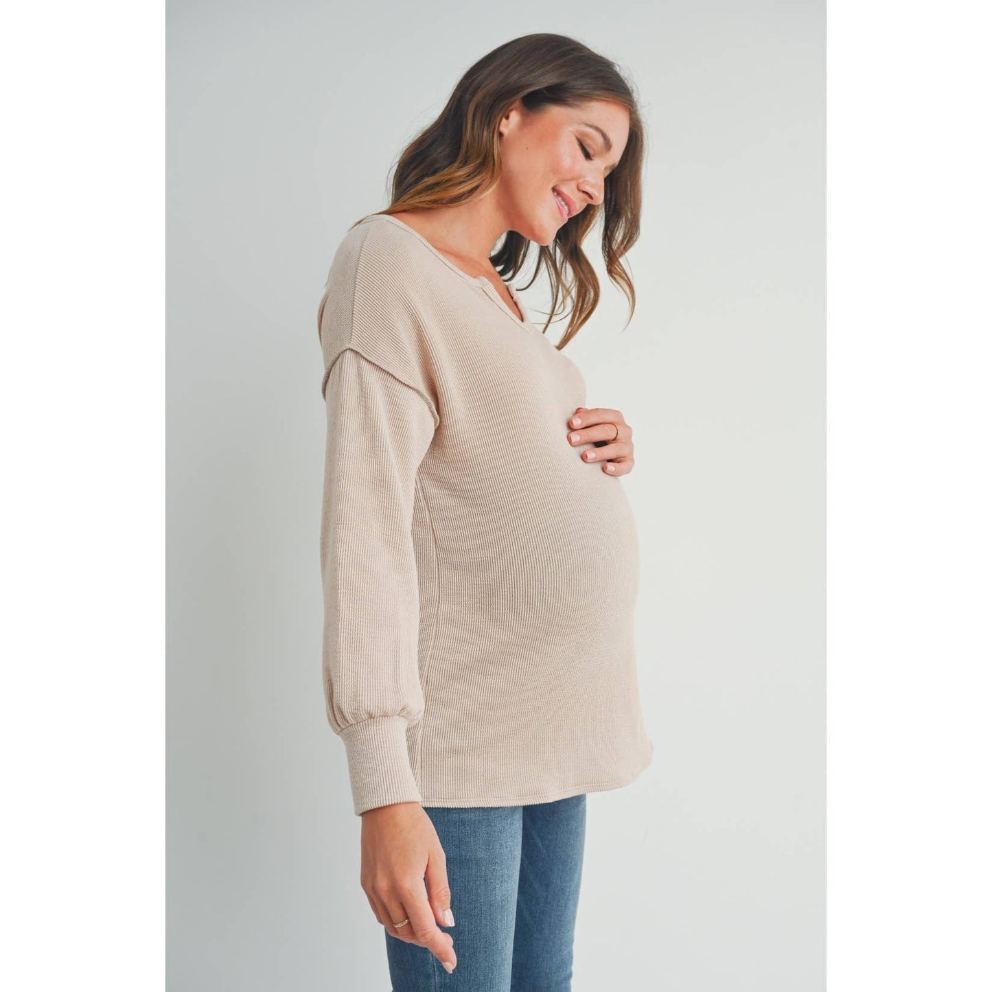 Split Neck Long Sleeve Maternity Knit Top