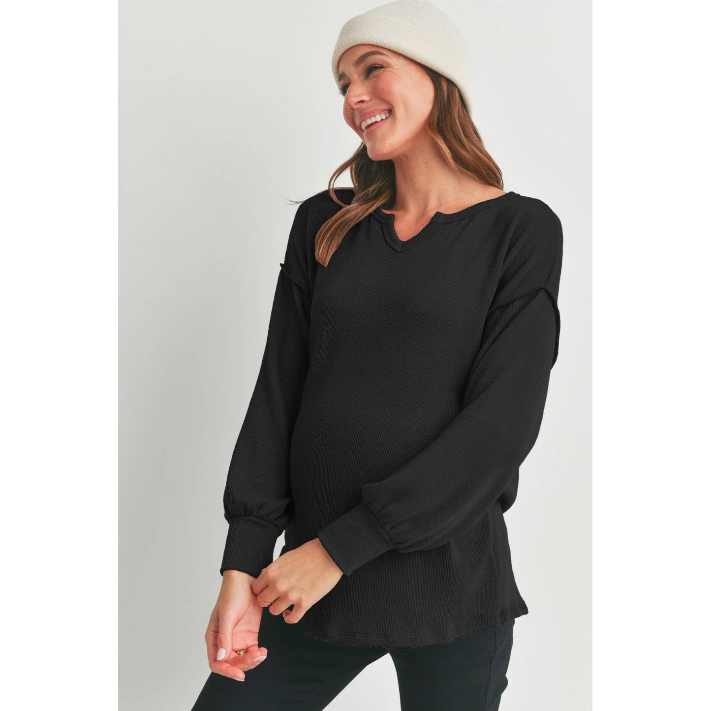 Split Neck Long Sleeve Maternity Knit Top