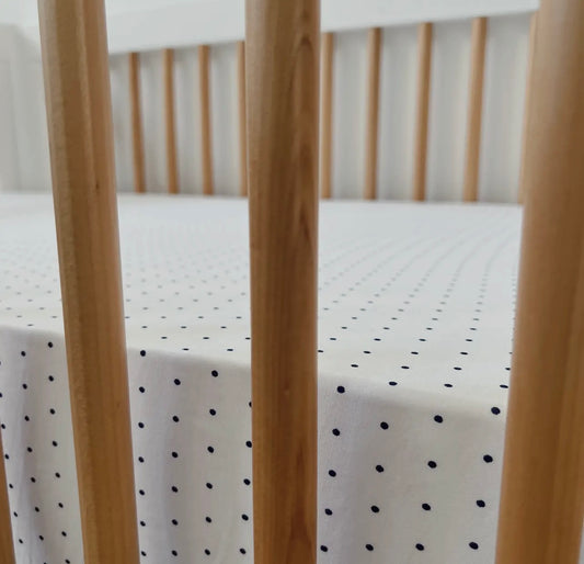 Stretch Crib Sheet, Navy Polka Dot