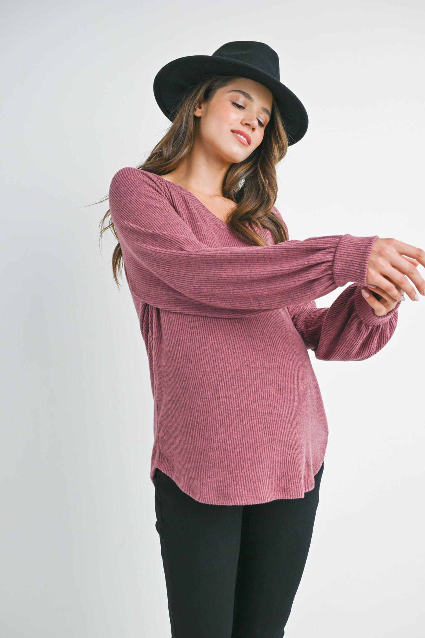 Ribbed V-Neck Long Sleeve Maternity Top
