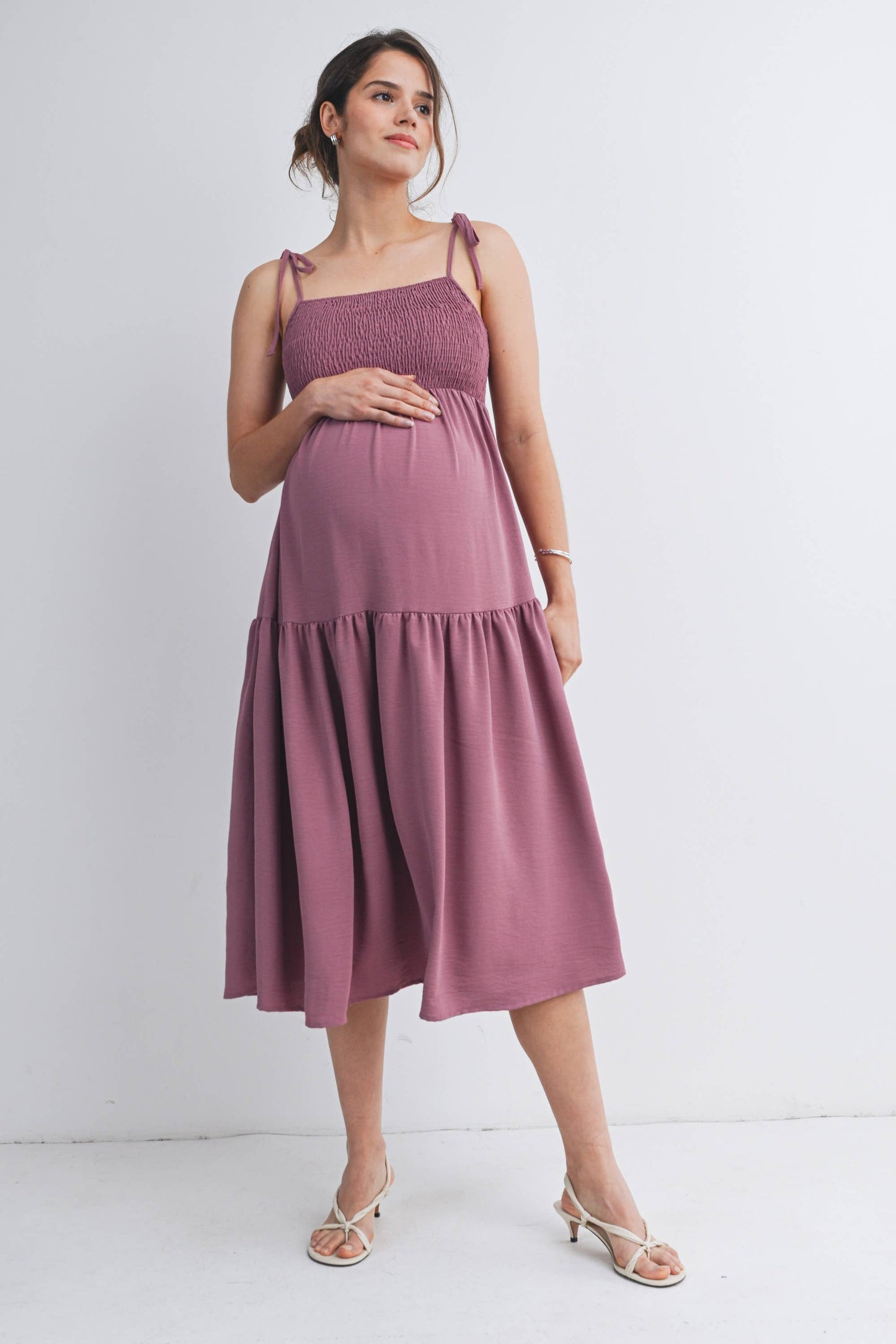 Smocked Tie Strap Maternity Midi Dress with Pockets