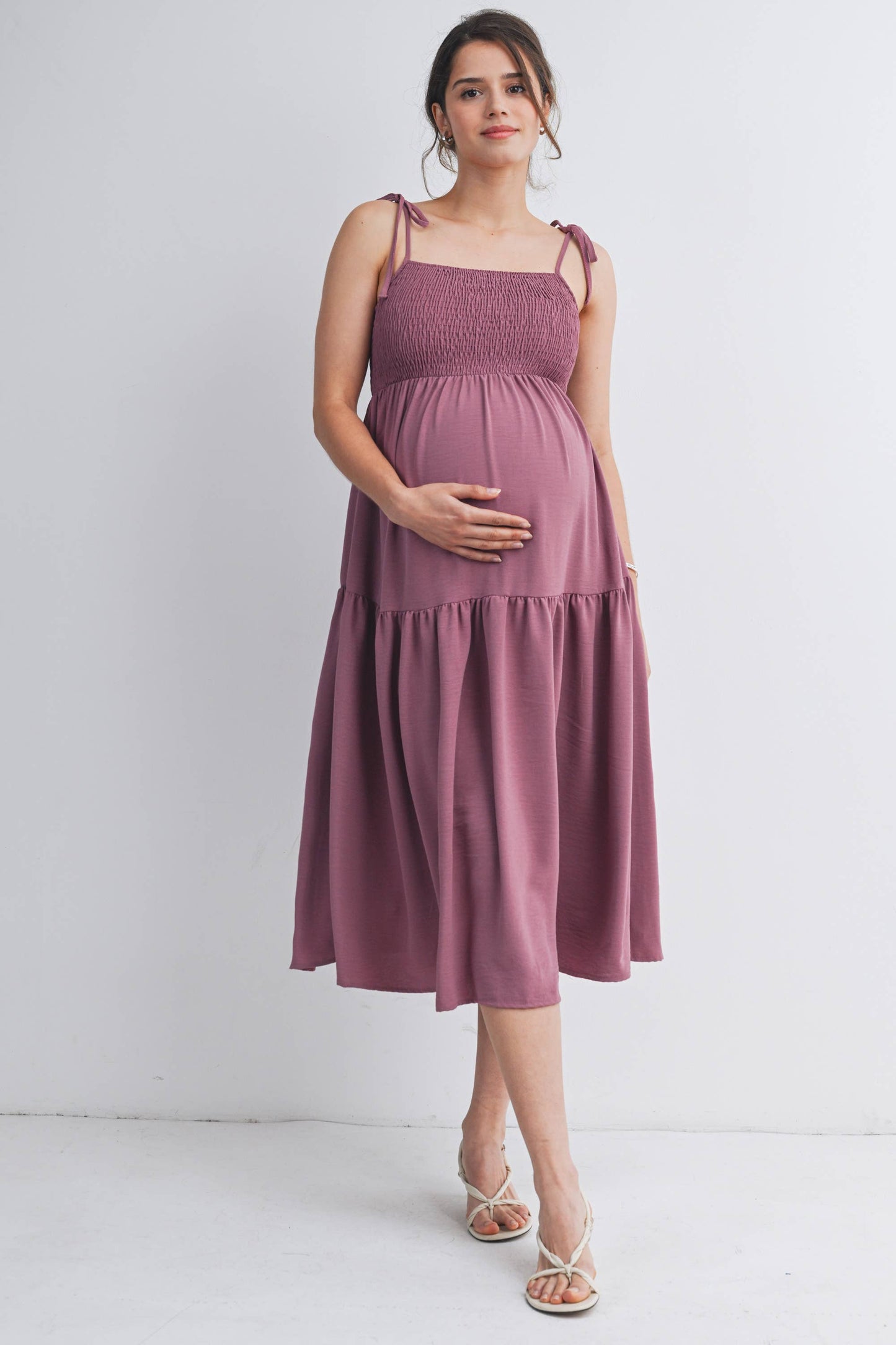 Smocked Tie Strap Maternity Midi Dress with Pockets