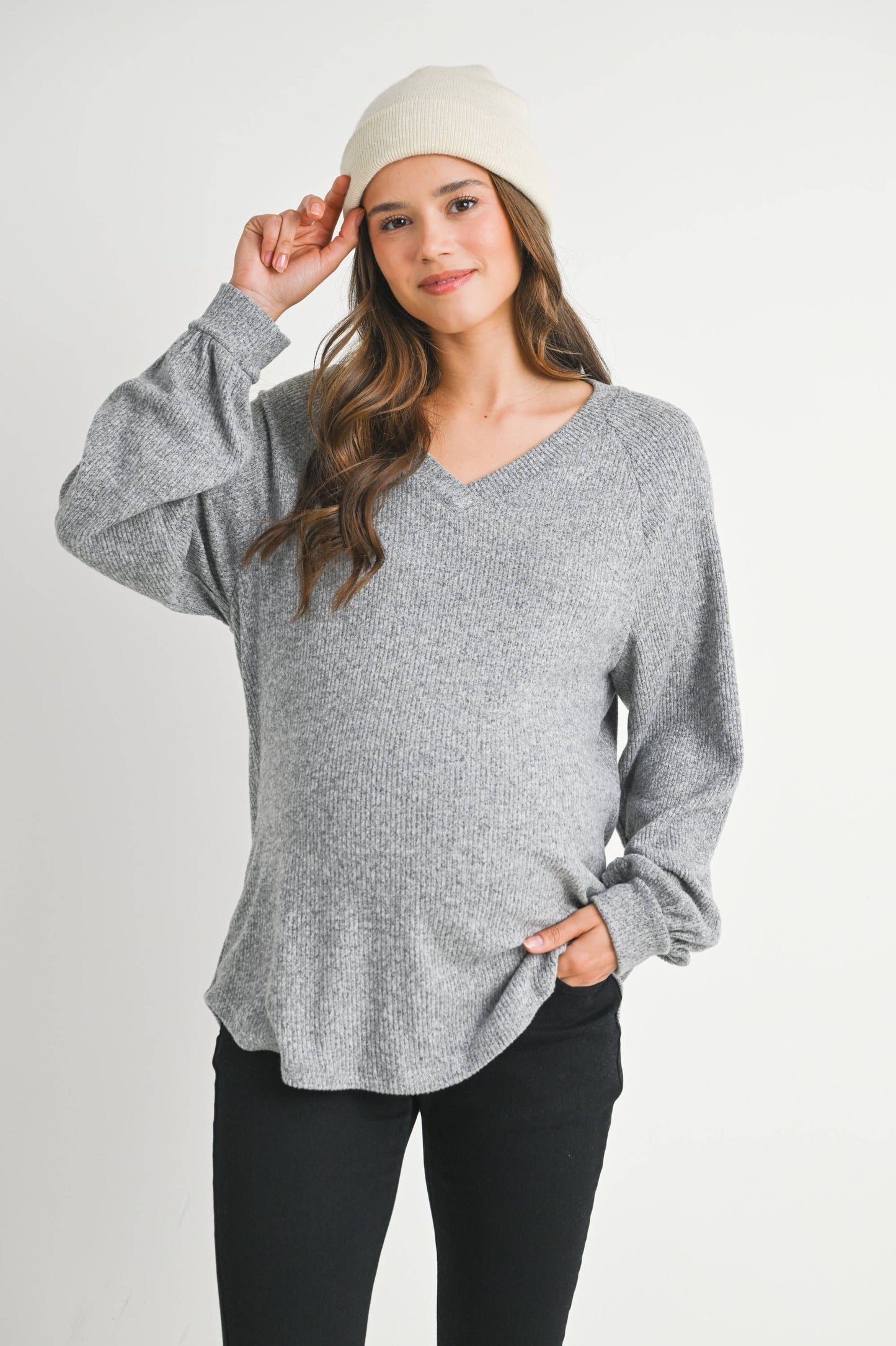Ribbed V-Neck Long Sleeve Maternity Top