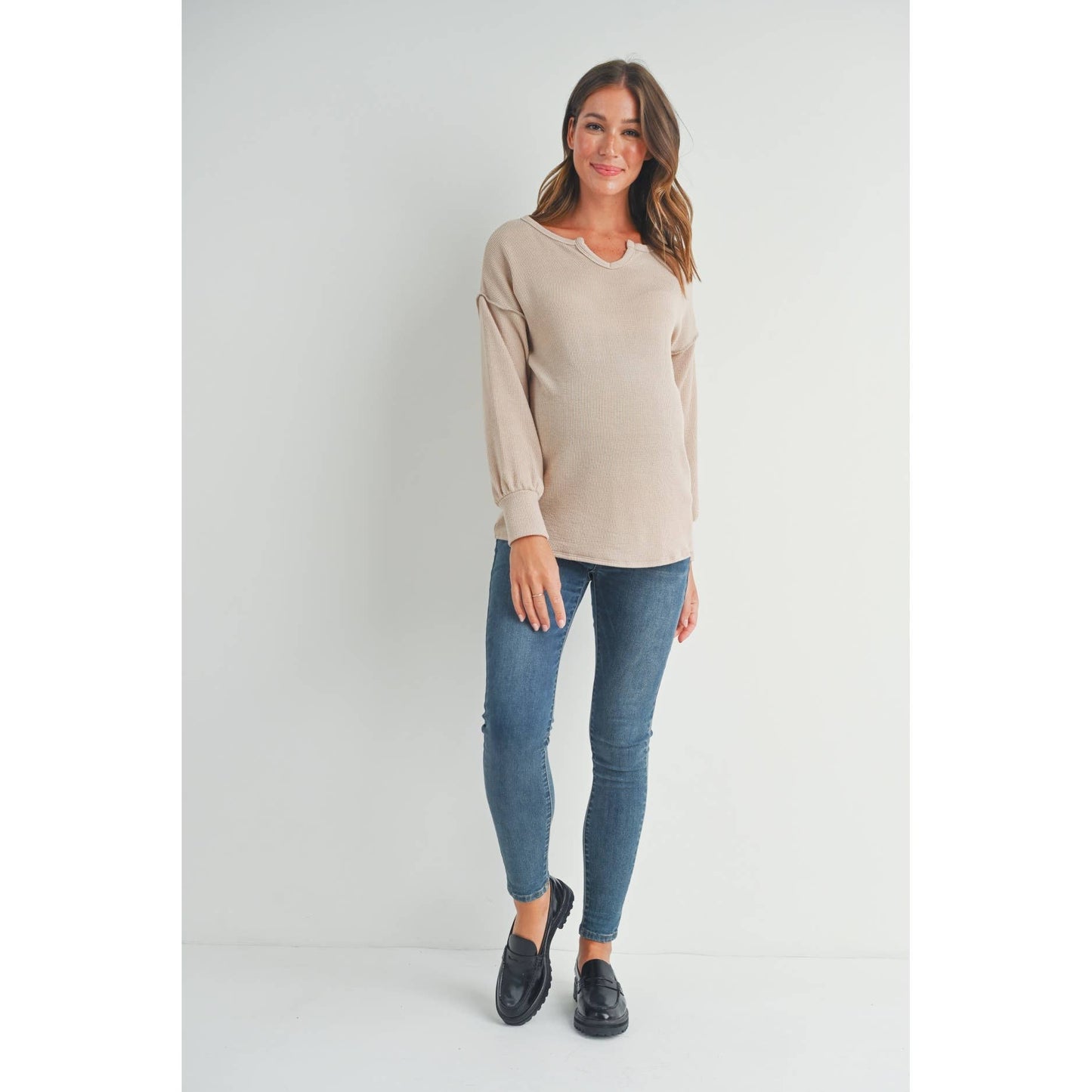 Split Neck Long Sleeve Maternity Knit Top