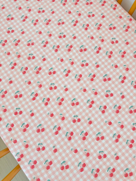 Muslin Crib Sheet / Gingham Cherries