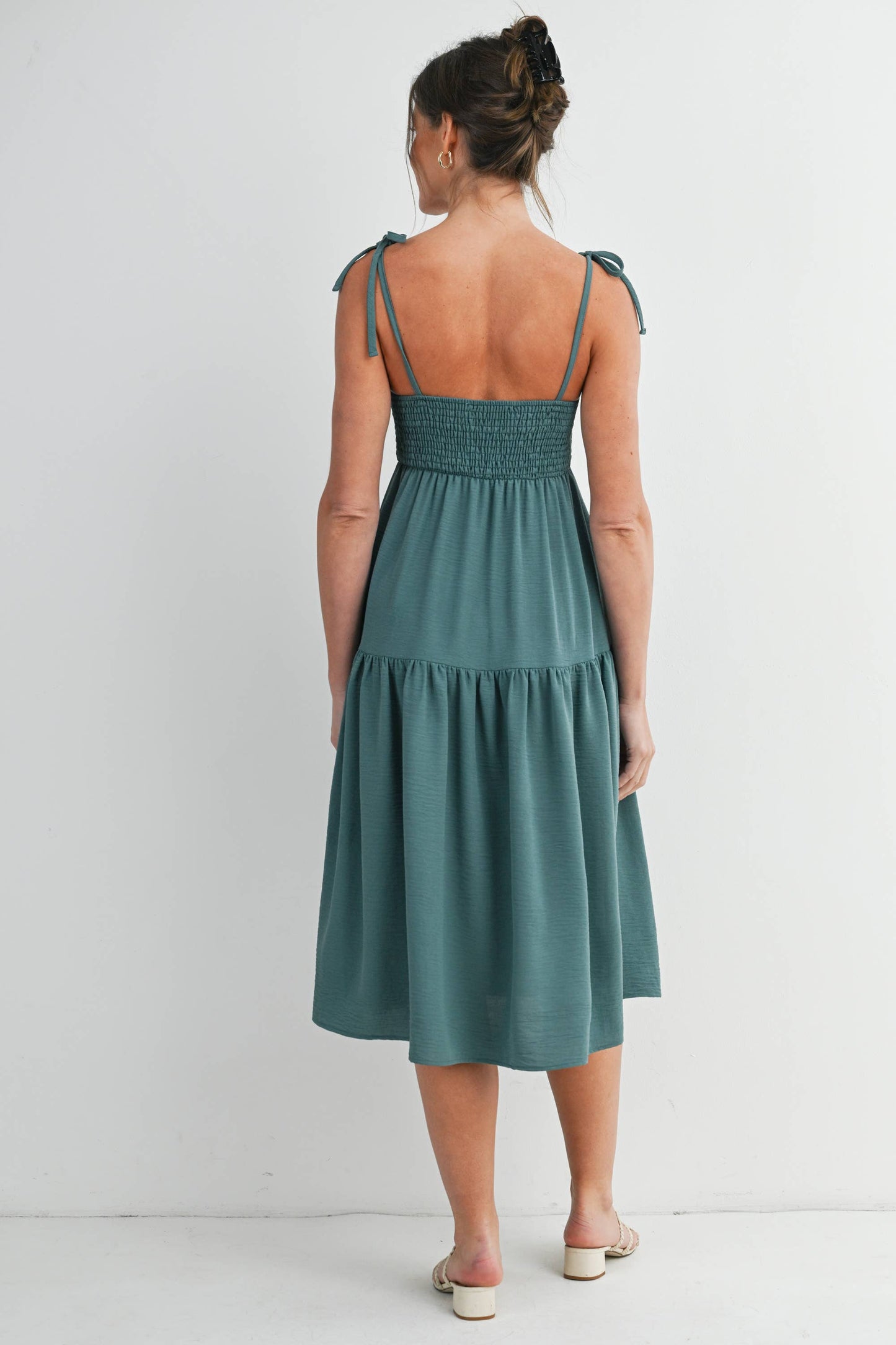 Smocked Tie Strap Maternity Midi Dress with Pockets
