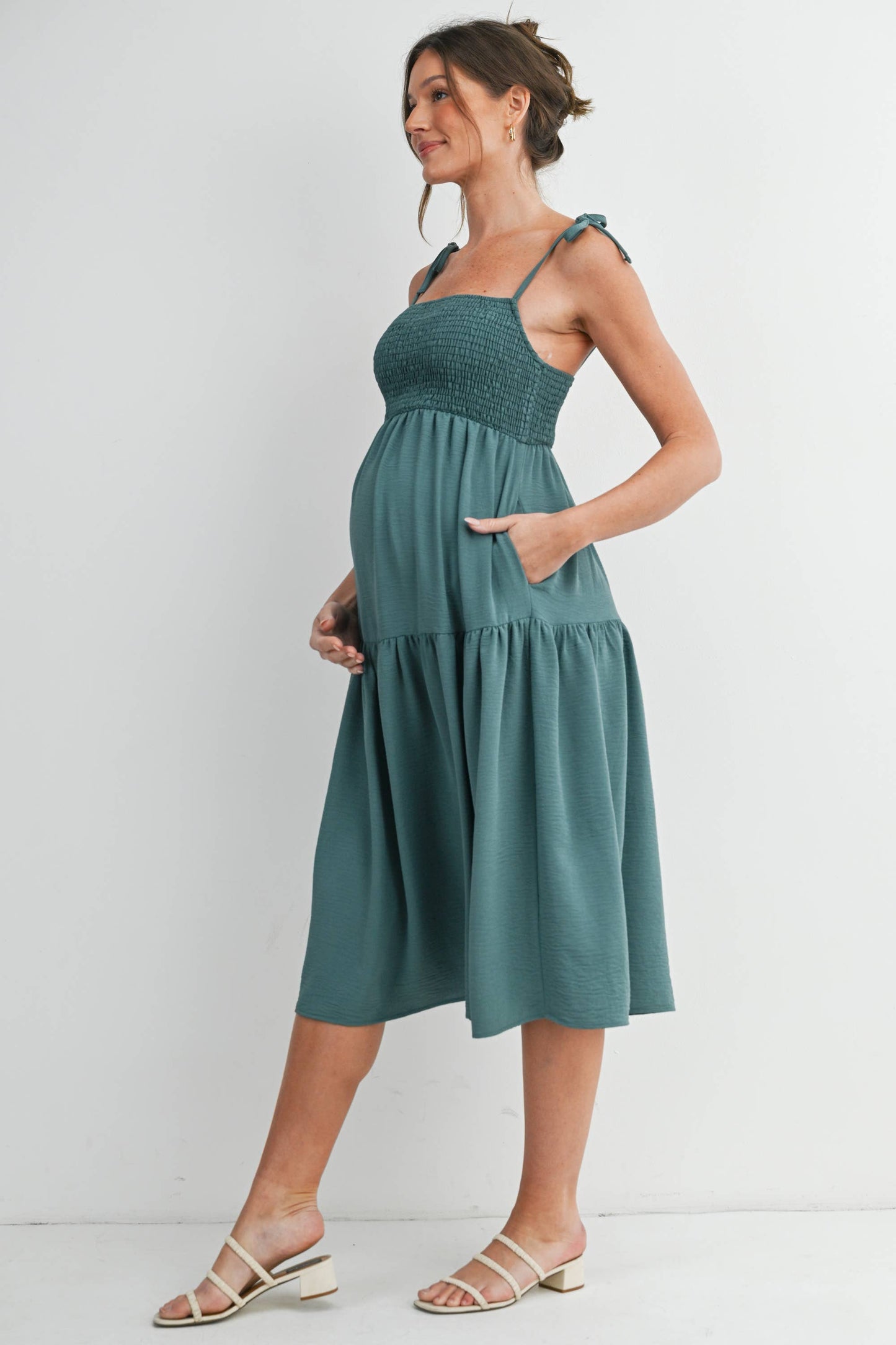 Smocked Tie Strap Maternity Midi Dress with Pockets