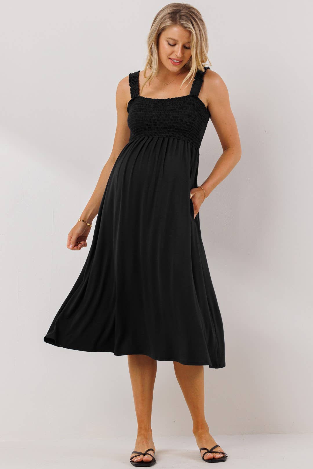Smocked Sleeveless Maternity Midi Dress