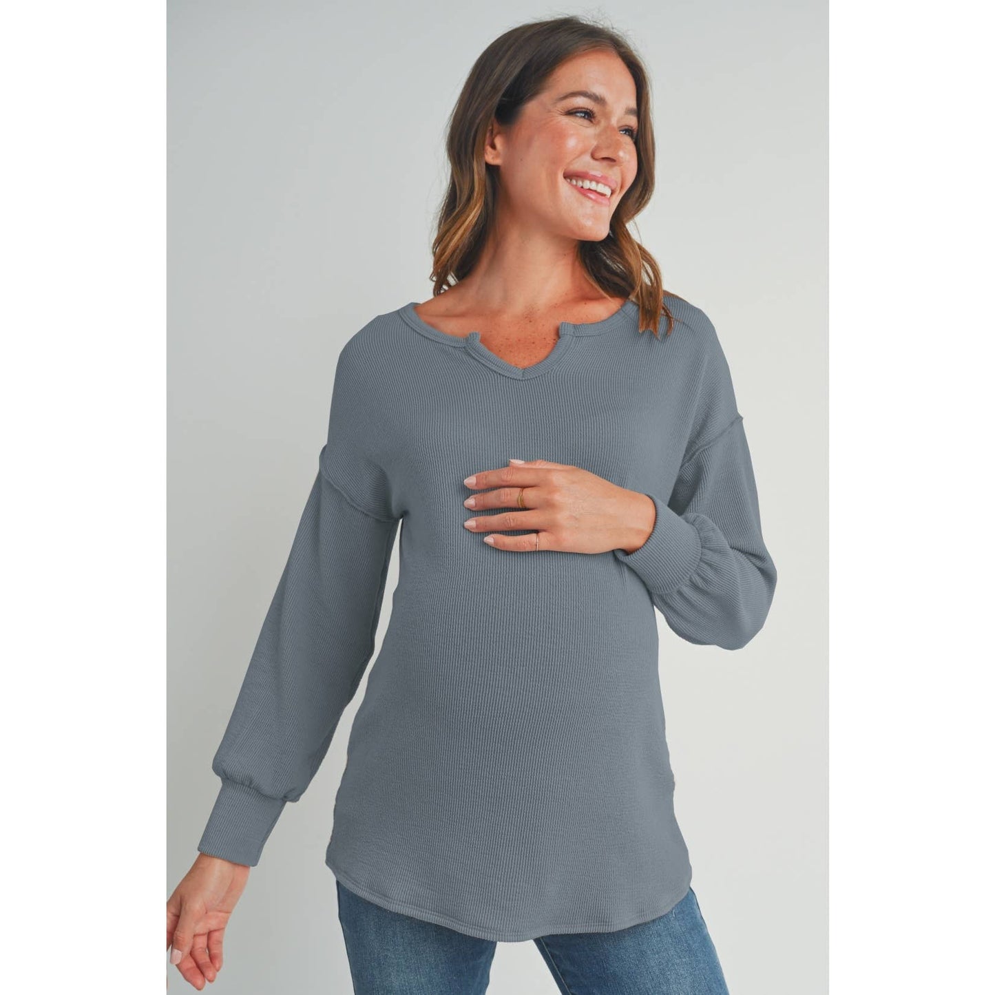 Split Neck Long Sleeve Maternity Knit Top