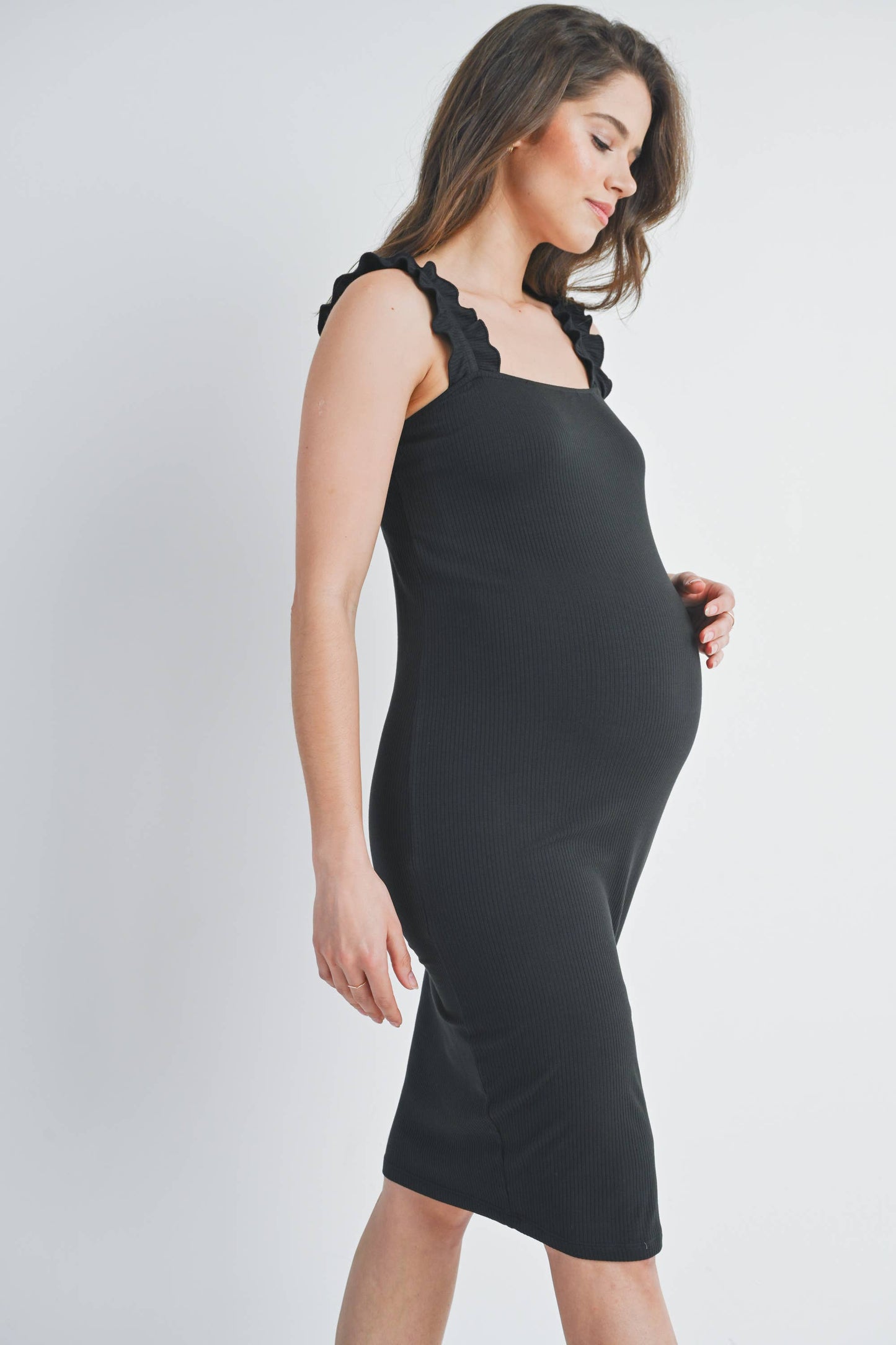Ribbed Ruffle-Strap Maternity Dress