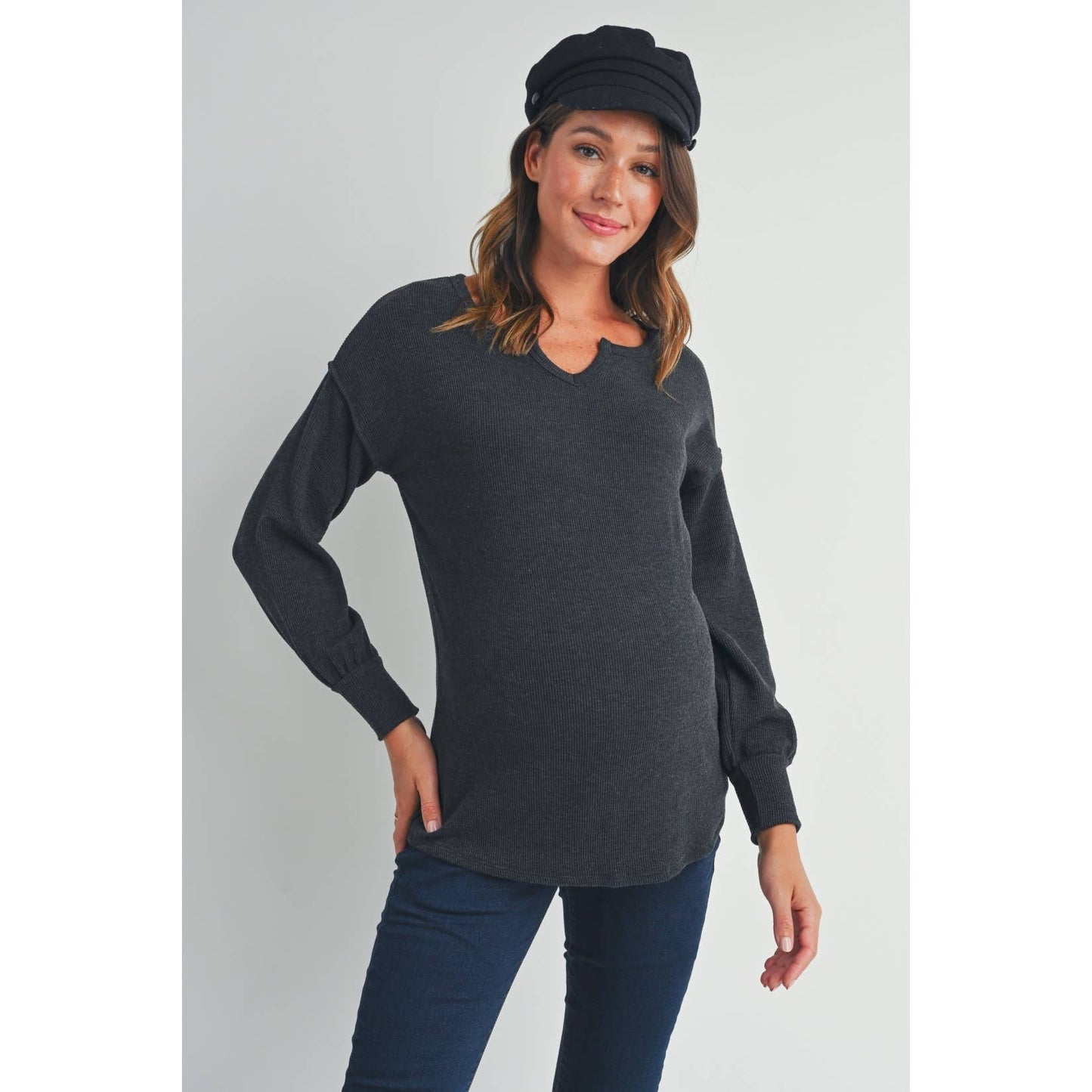 Split Neck Long Sleeve Maternity Knit Top