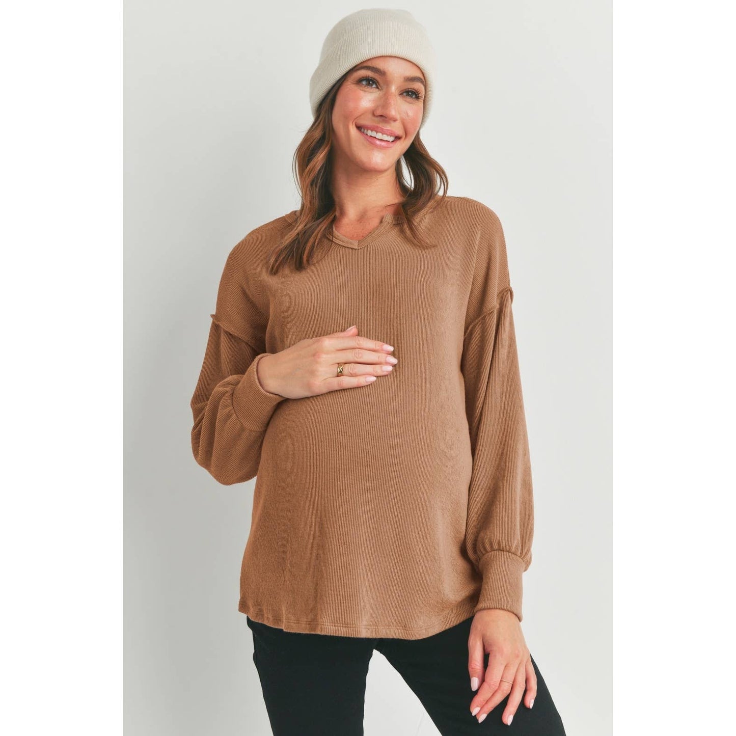 Split Neck Long Sleeve Maternity Knit Top