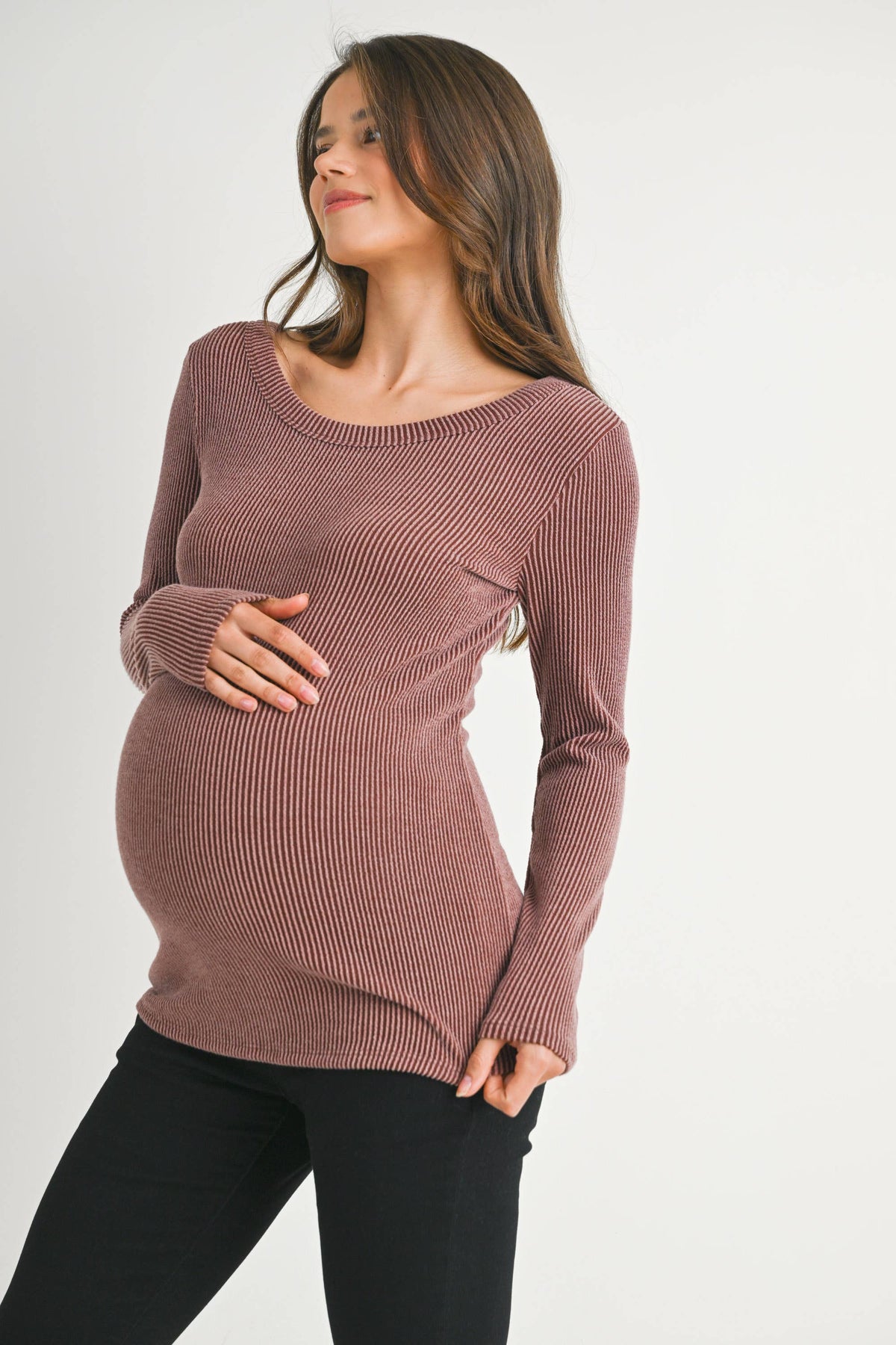 Scoop Neck Ribbed Long Sleeve Maternity Top